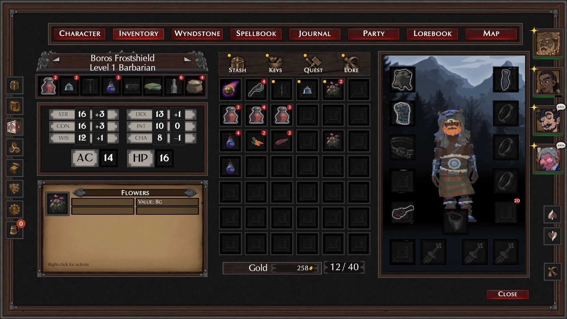 The Wyndfinder: Boros Frostshield inventory screen with stats, stash grid, and gear slots open.