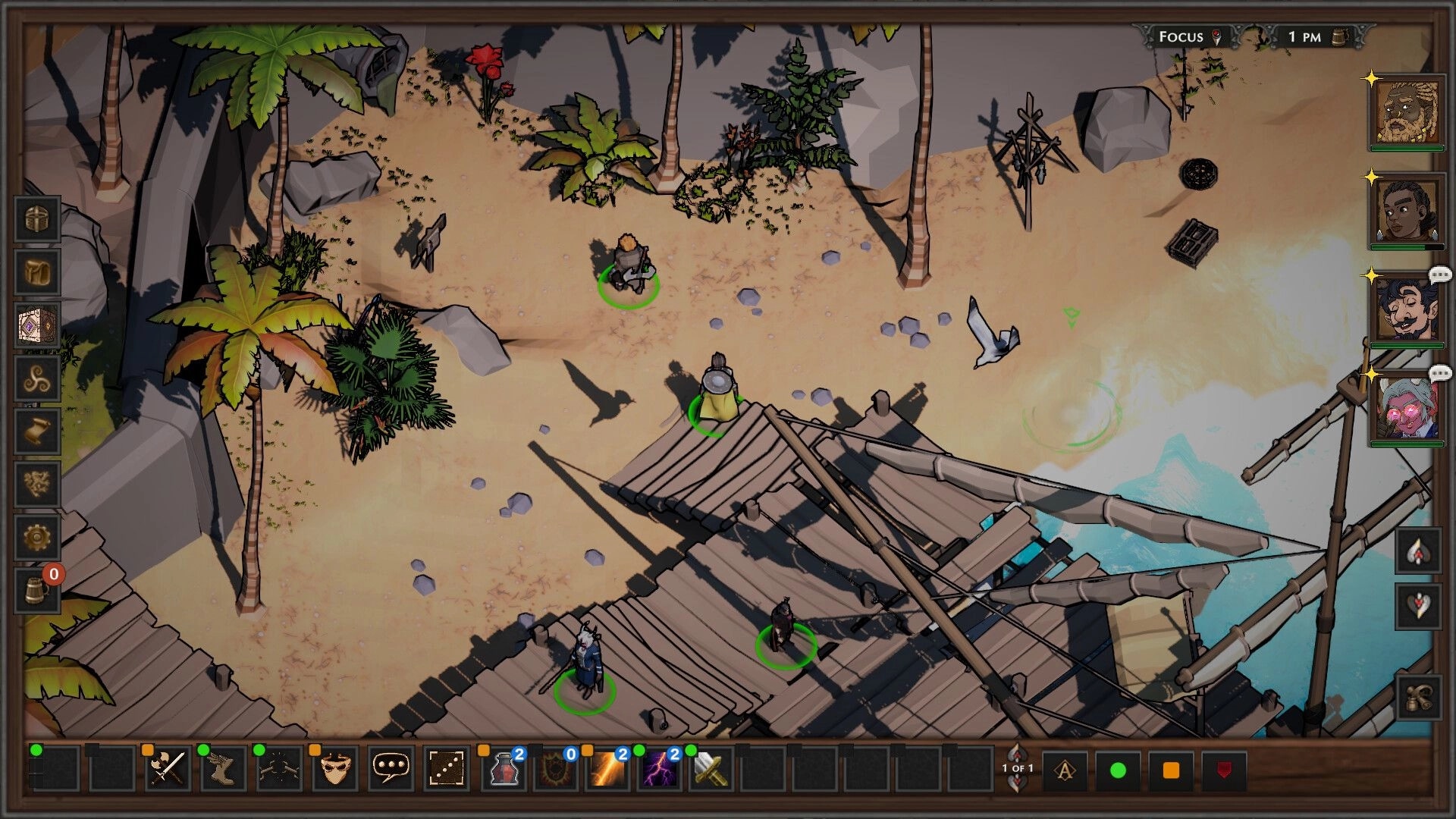 The Wyndfinder: Party explores a sandy beach dock with palm trees, portraits and action bar UI visible.