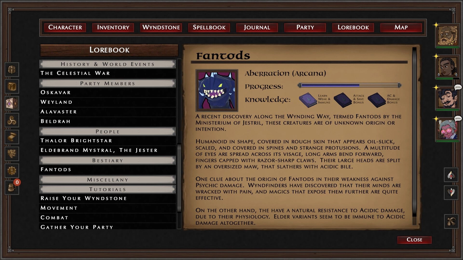 The Wyndfinder: Lorebook bestiary entry on Fantods with creature art, progress bar, party portraits UI.