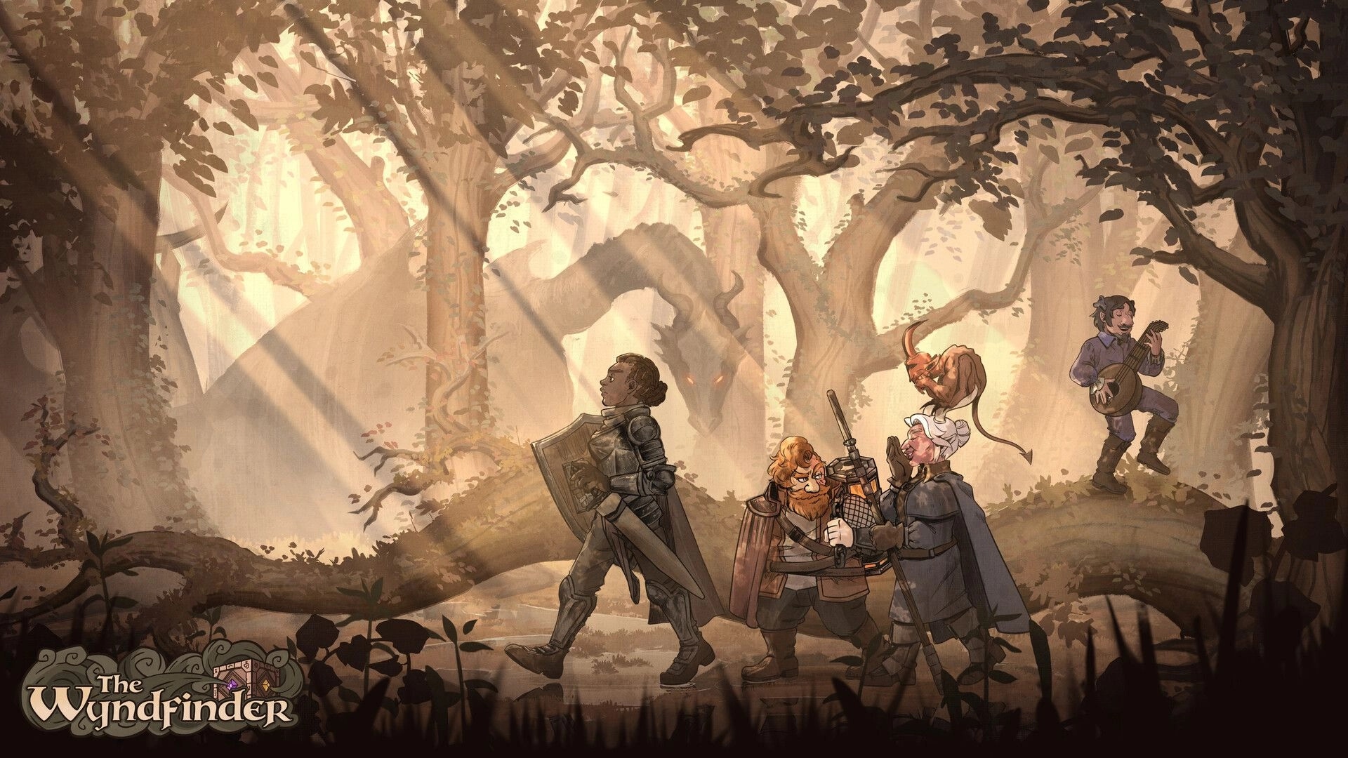 The Wyndfinder: Adventuring party marches through sunlit forest, with bard playing lute behind them.