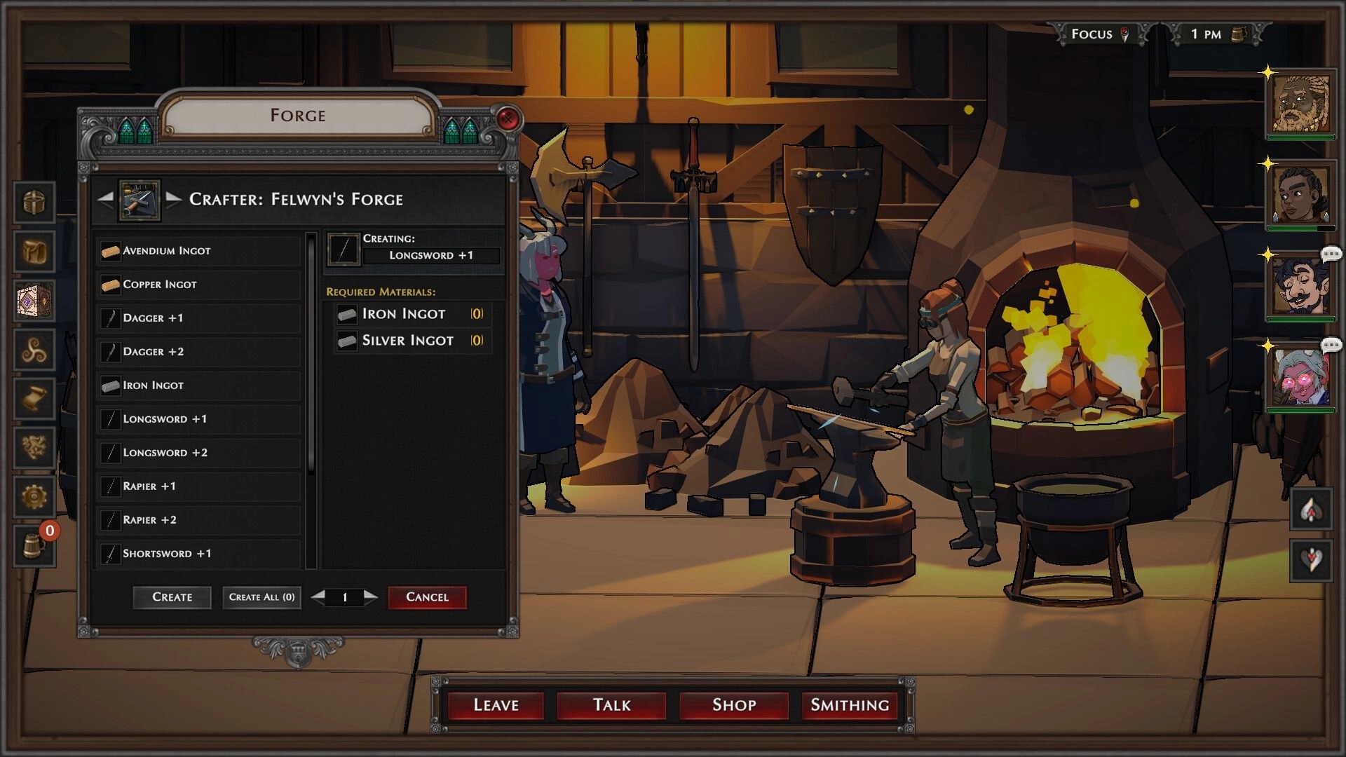 The Wyndfinder: Forge crafting menu creating a +1 longsword beside a blacksmith and blazing furnace.