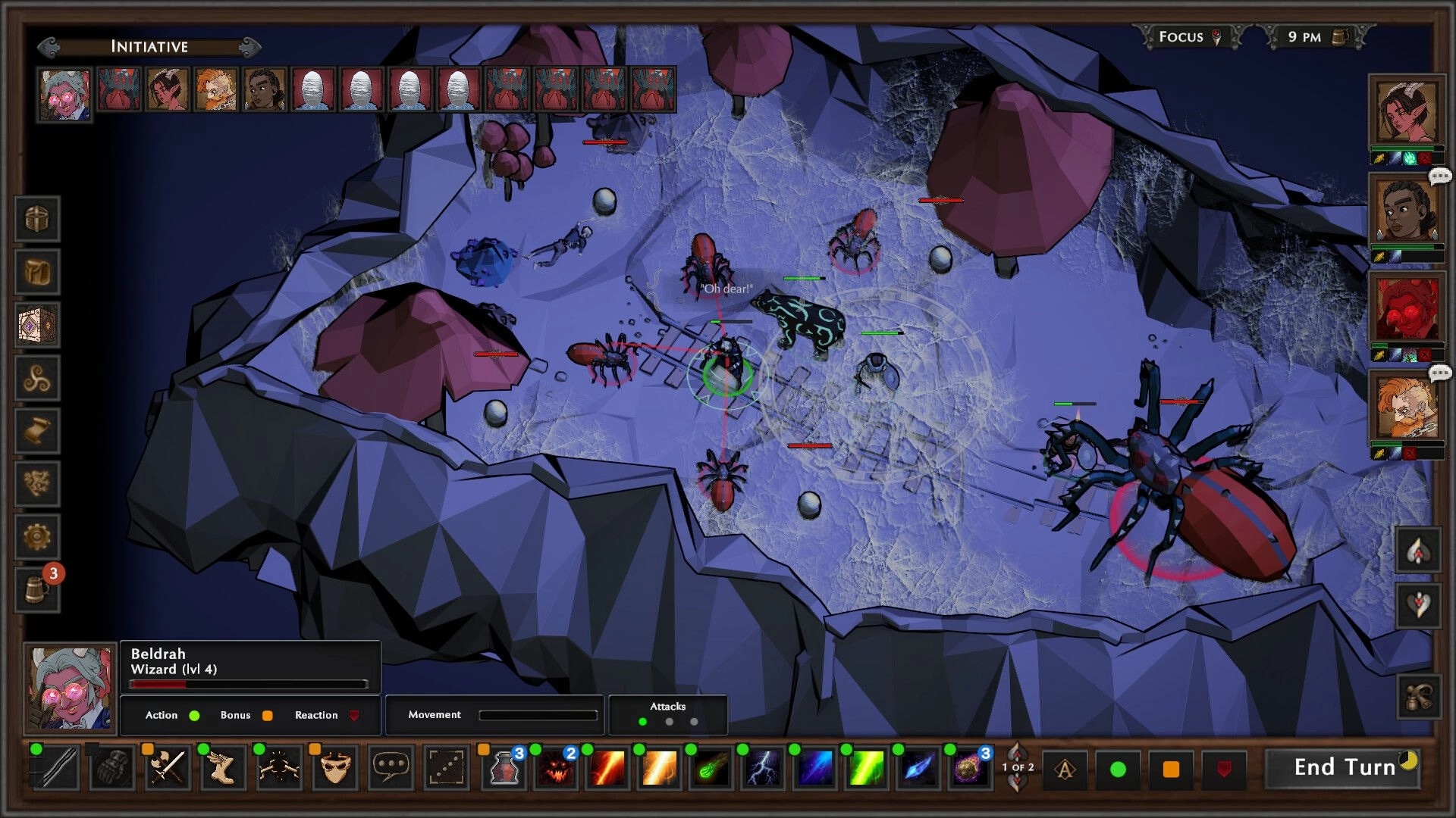The Wyndfinder: Turn-based battle UI as Beldrah targets spiders and beetles in a rocky cave arena.