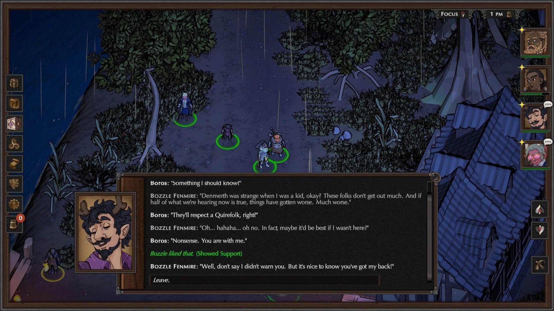 The Wyndfinder: Party dialogue with Bozzle Fenmire while exploring a rainy forest path at 1 PM.