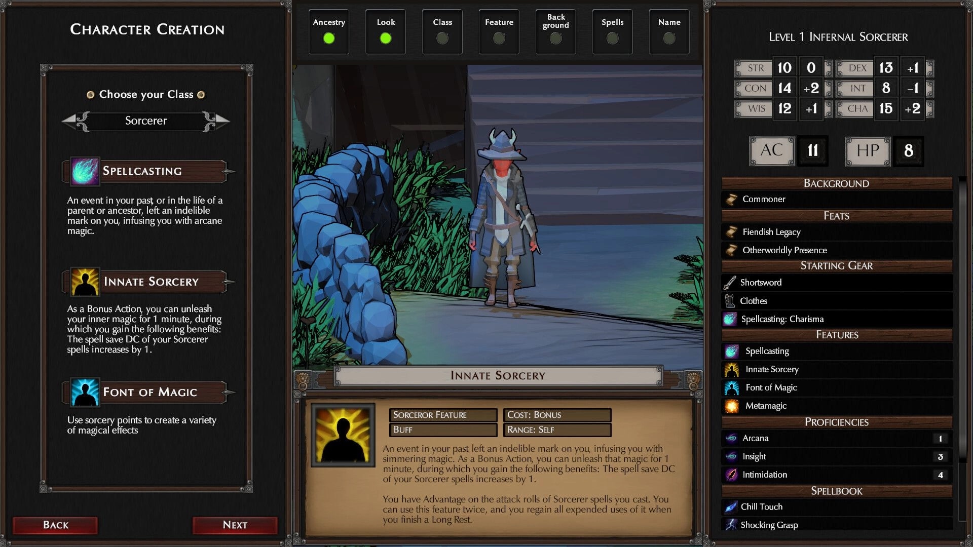 The Wyndfinder: Character creation selecting Sorcerer class with stats panel and robed avatar on path.