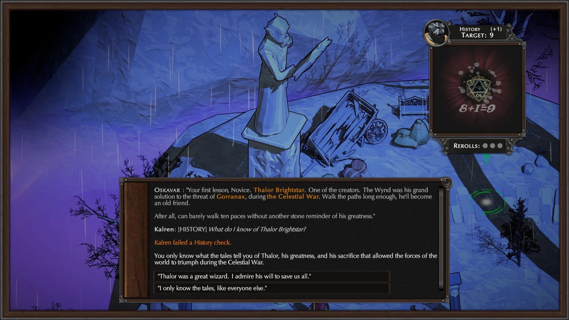 The Wyndfinder: History check dialogue beside a statue in a rainy roadside scene with dice UI results.