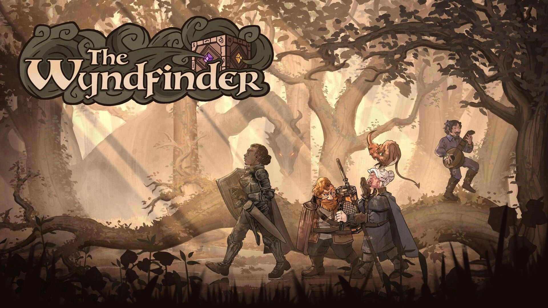 The Wyndfinder: Title screen with four adventurers marching through a sunlit, misty forest path.