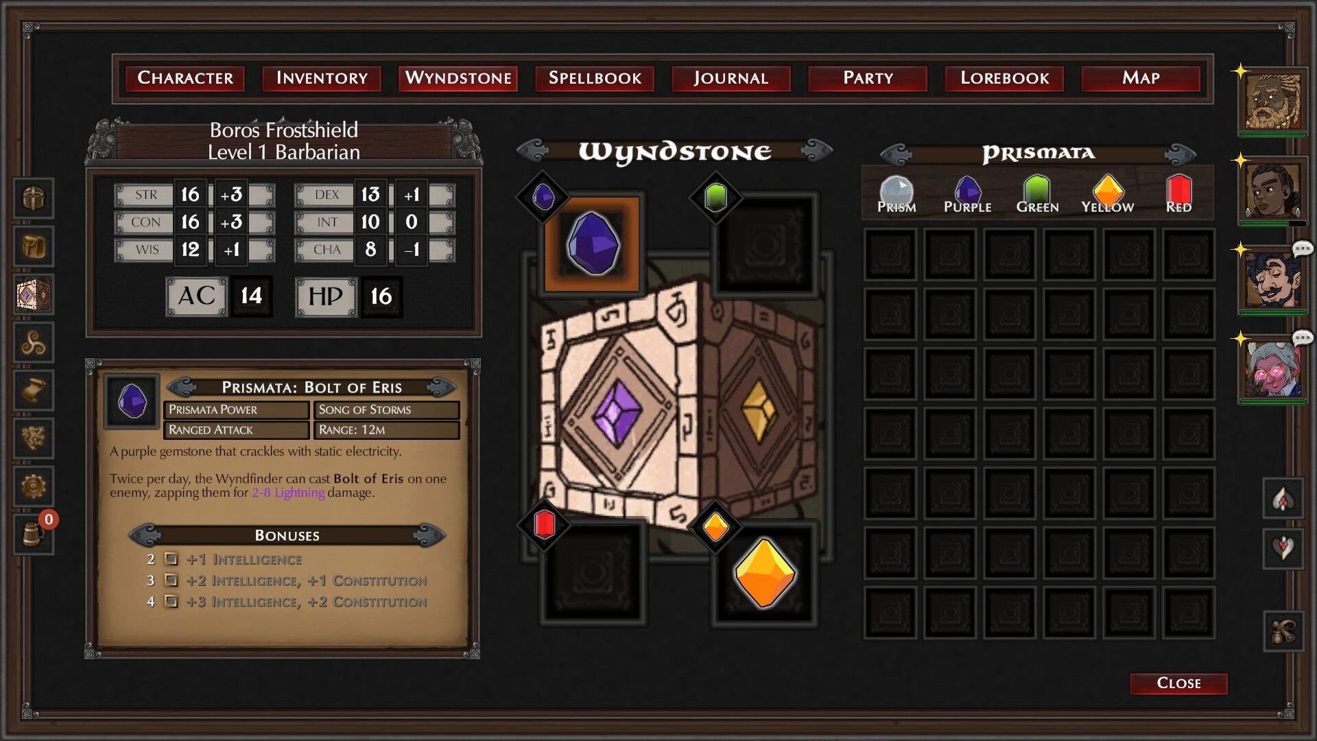 The Wyndfinder: Wyndstone menu for Boros Frostshield showing stats and Prismata gem sockets UI.