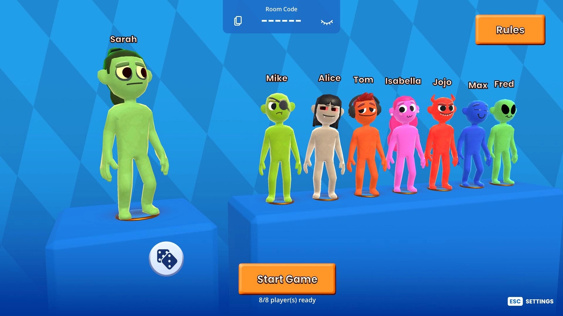The You Quiz: Character lineup with avatars named Sarah, Mike, Alice, and more in a blue-themed lobby