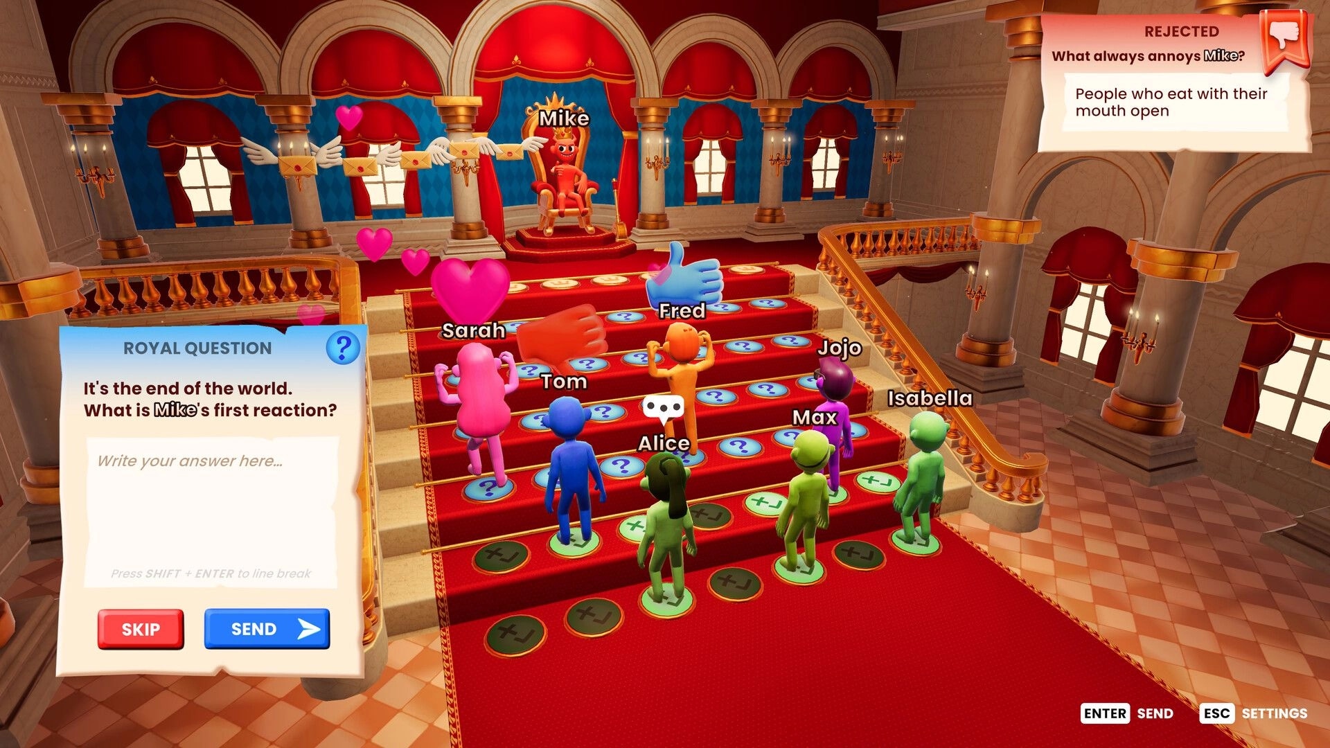 The You Quiz: Characters answer questions on red carpet stairs in a grand throne room setting.
