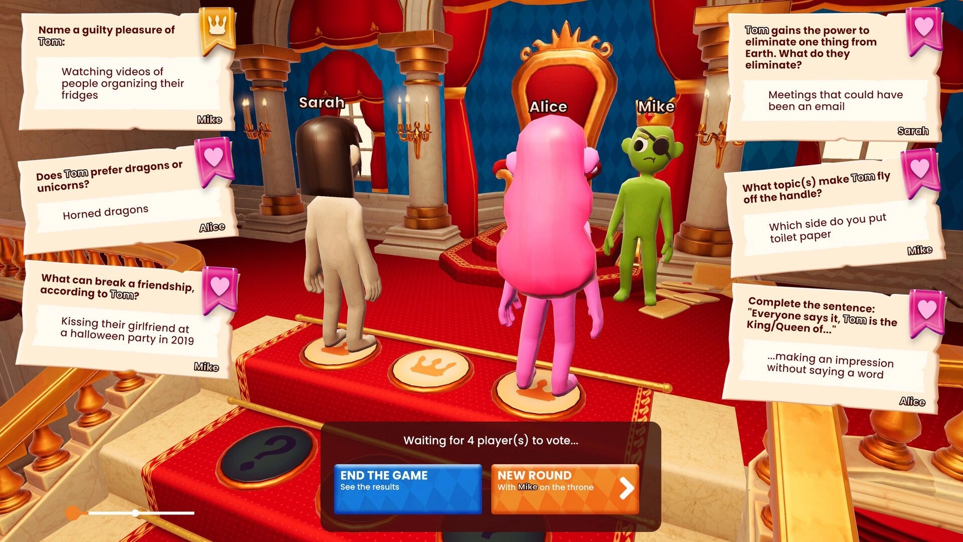 The You Quiz: Players Sarah, Alice, Mike in a throne room answering quirky questions about Tom