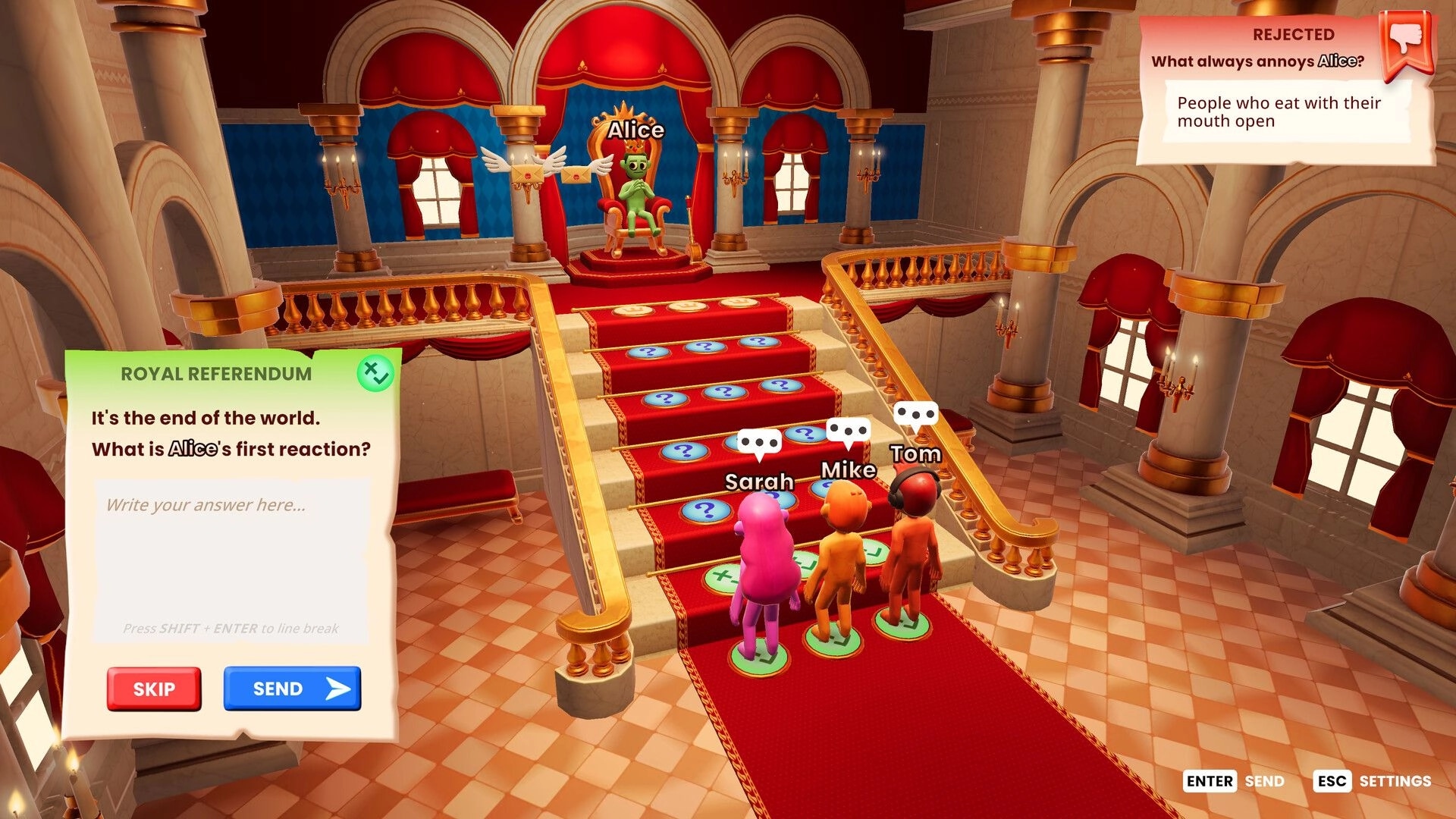 The You Quiz: Players stand before Alice on the throne, answering a question in a grand hall setting.