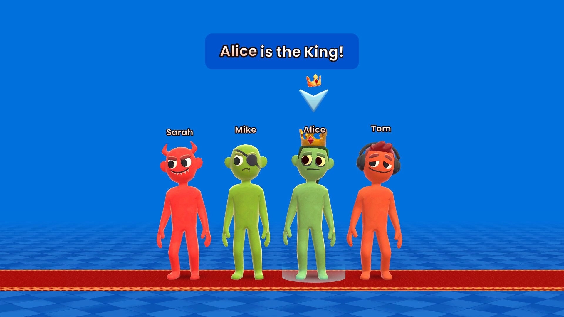 The You Quiz: Alice crowned King with three avatars on a red carpet in a blue background setting