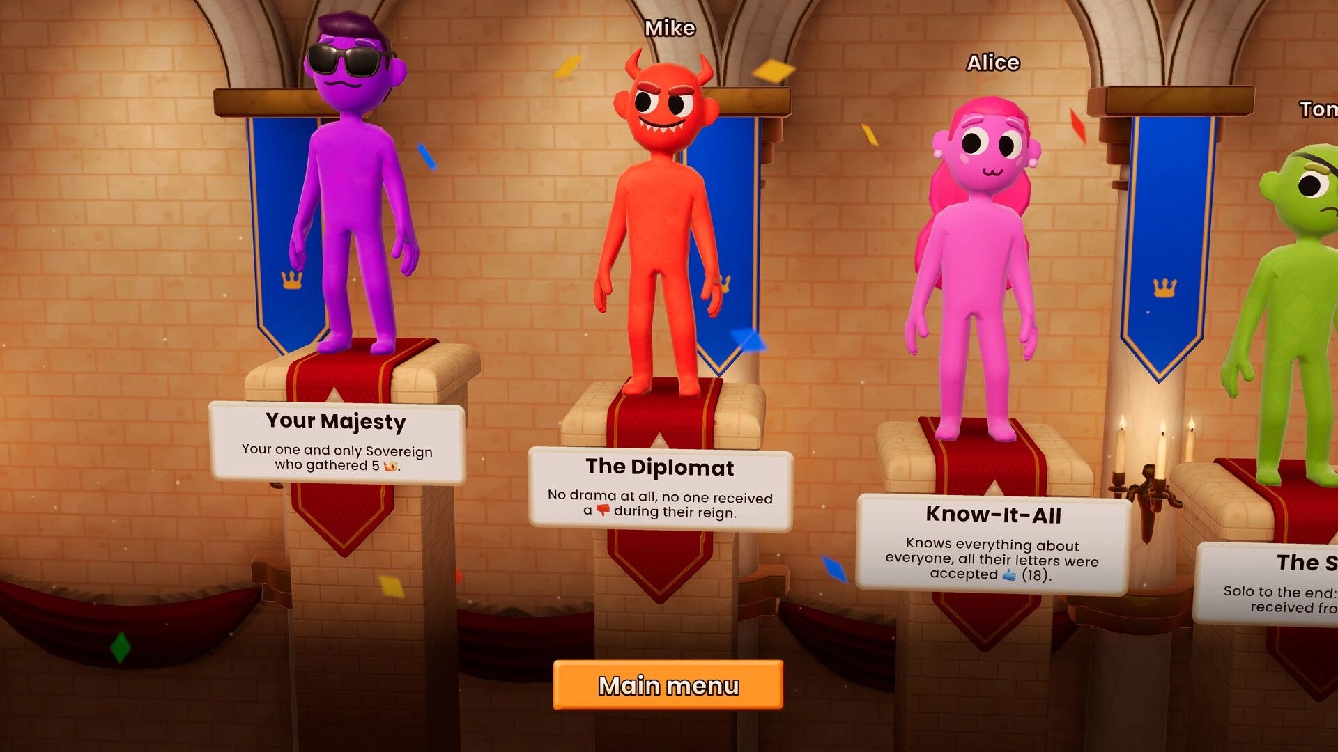 The You Quiz: Three characters on podiums in a throne room with descriptive titles and main menu button