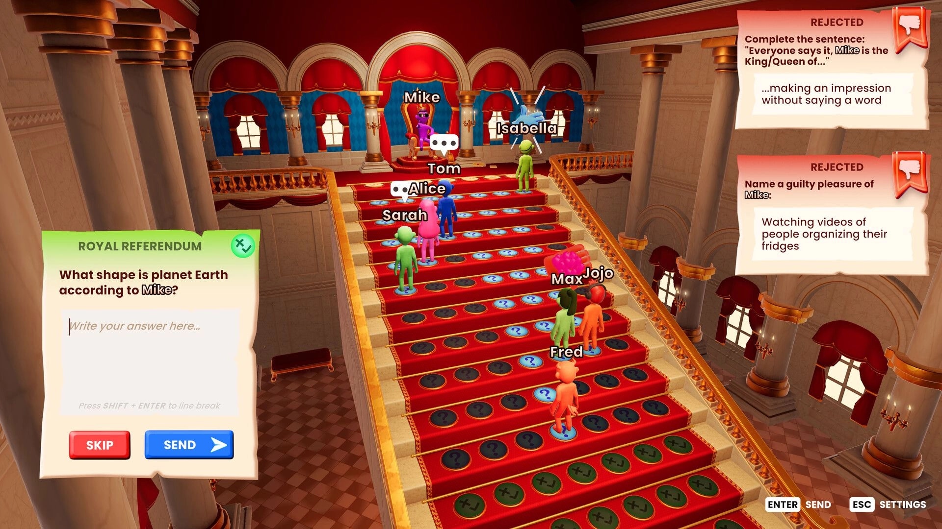 The You Quiz: Mike sits on throne judging courtiers' answers on grand staircase in royal hall