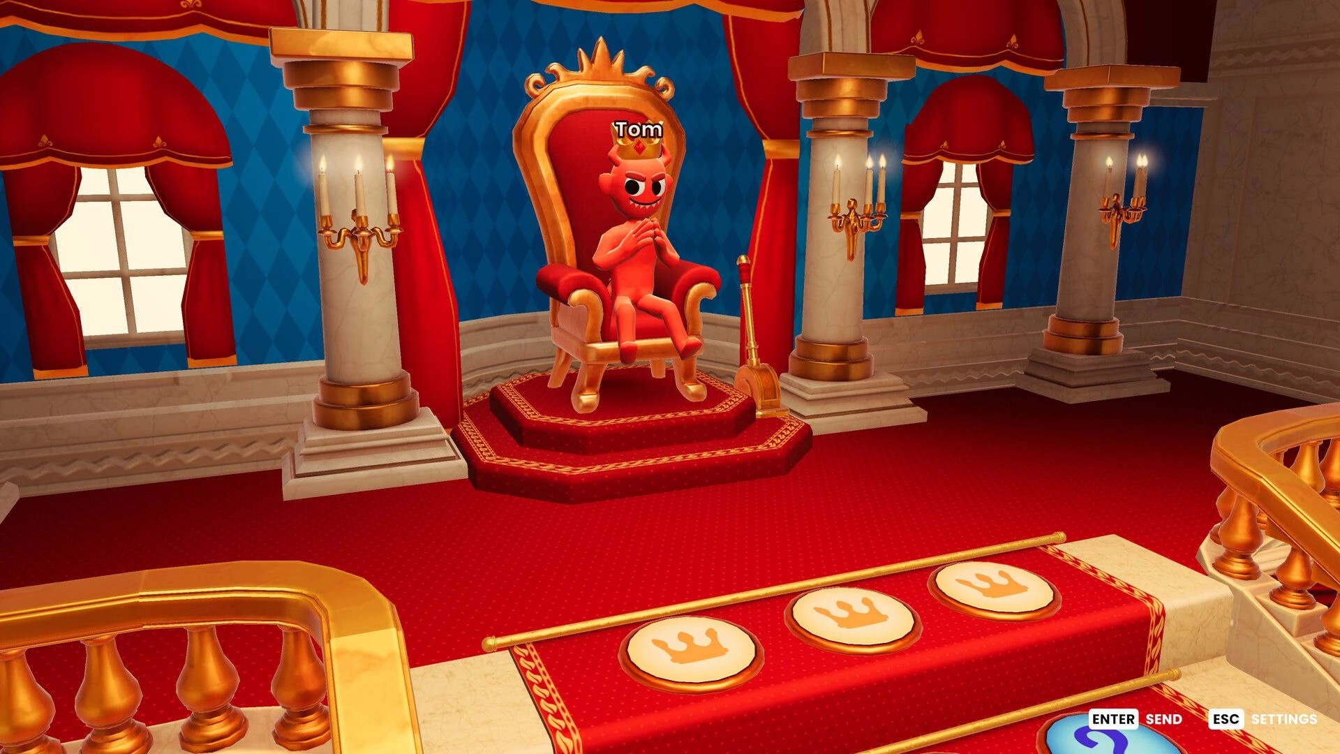 The You Quiz: Character Tom seated on a throne in a lavish, red-carpeted room with golden decor.