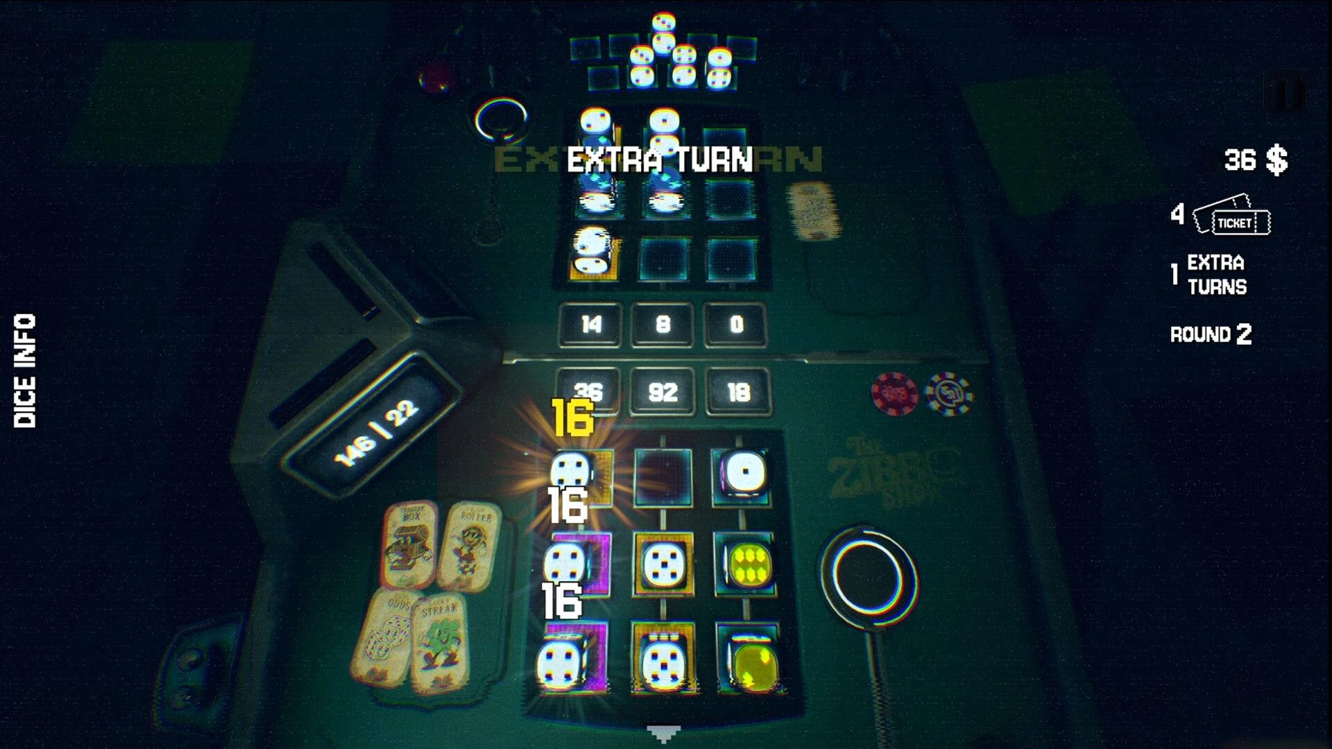 The Zibbo Show: Extra turn dice grid with stacked combos and score counters on a dark game board UI.