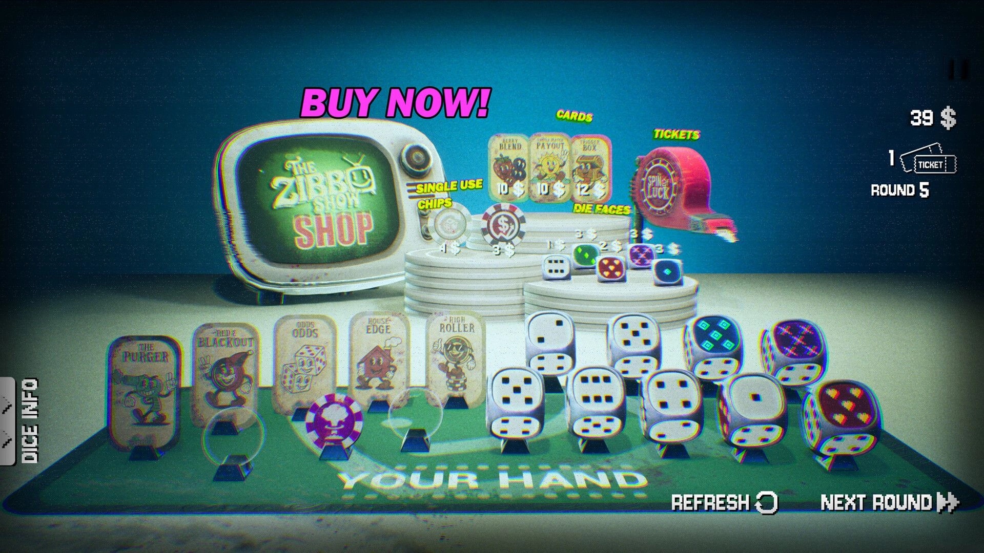 The Zibbo Show: Shop screen with cards, die faces, chips and tickets for sale on a tabletop display.