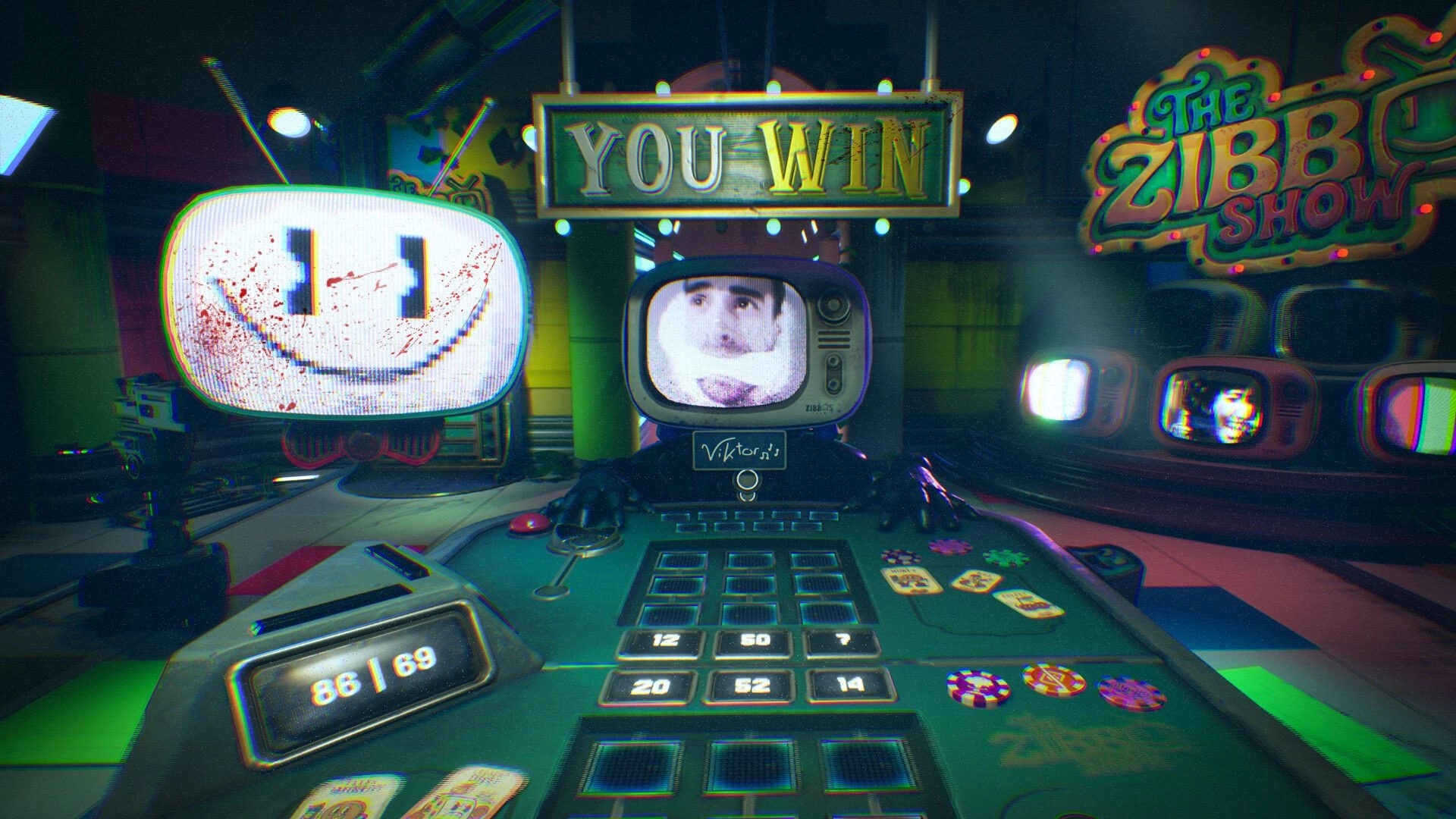 The Zibbo Show: YOU WIN banner above a TV host and betting desk in a neon-lit studio set.