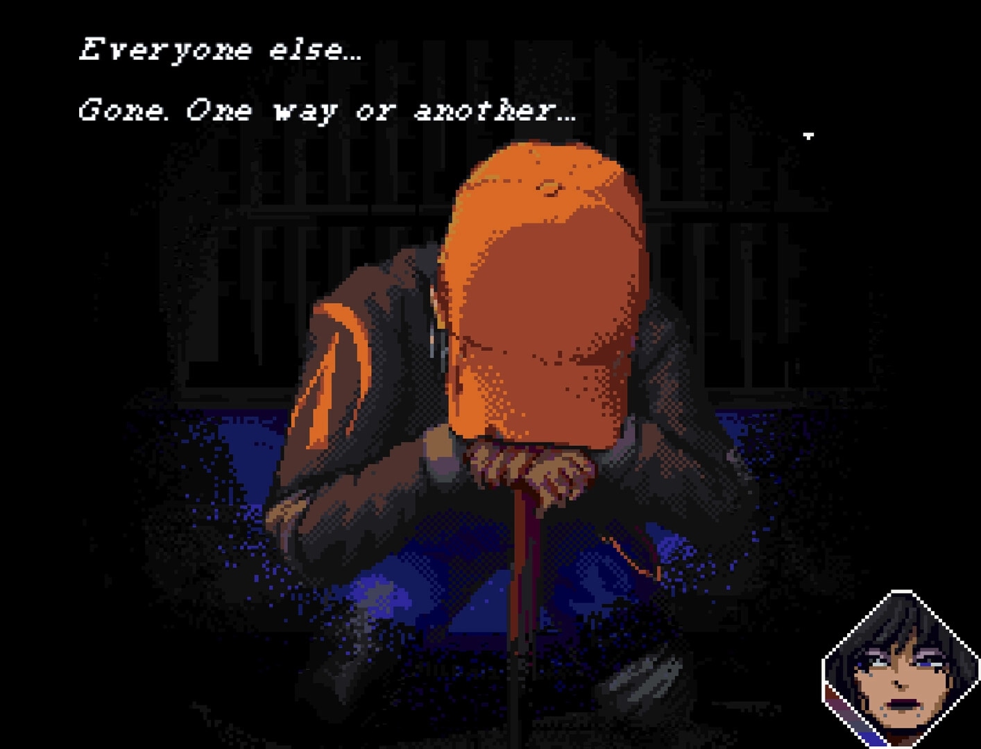 THERMOCLINE: Dialogue text over weary survivor leaning on rifle in dark room, portrait UI at corner.