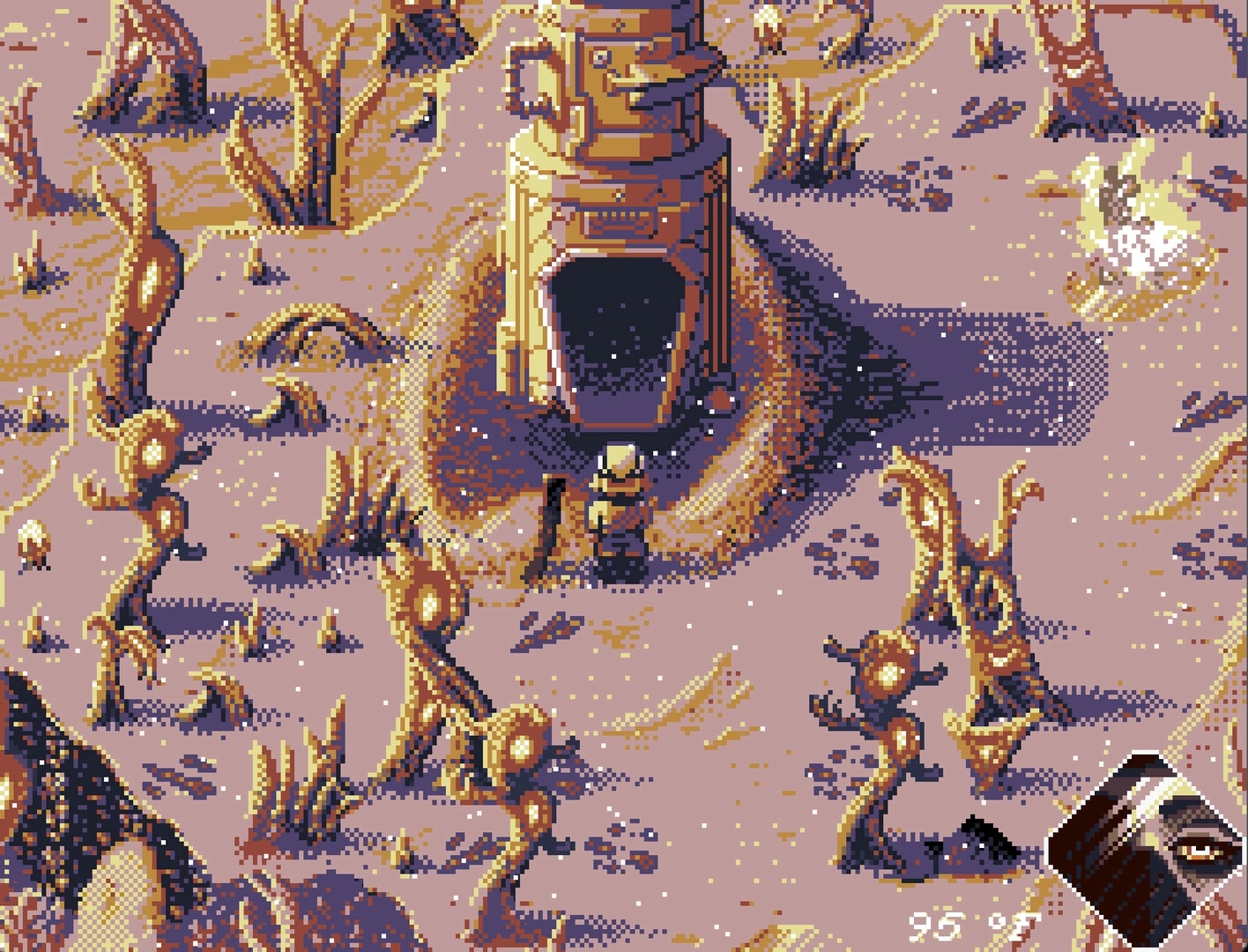 THERMOCLINE: Survivor stands by a large metal pod in snowy wasteland with twisted plants and HUD icon.