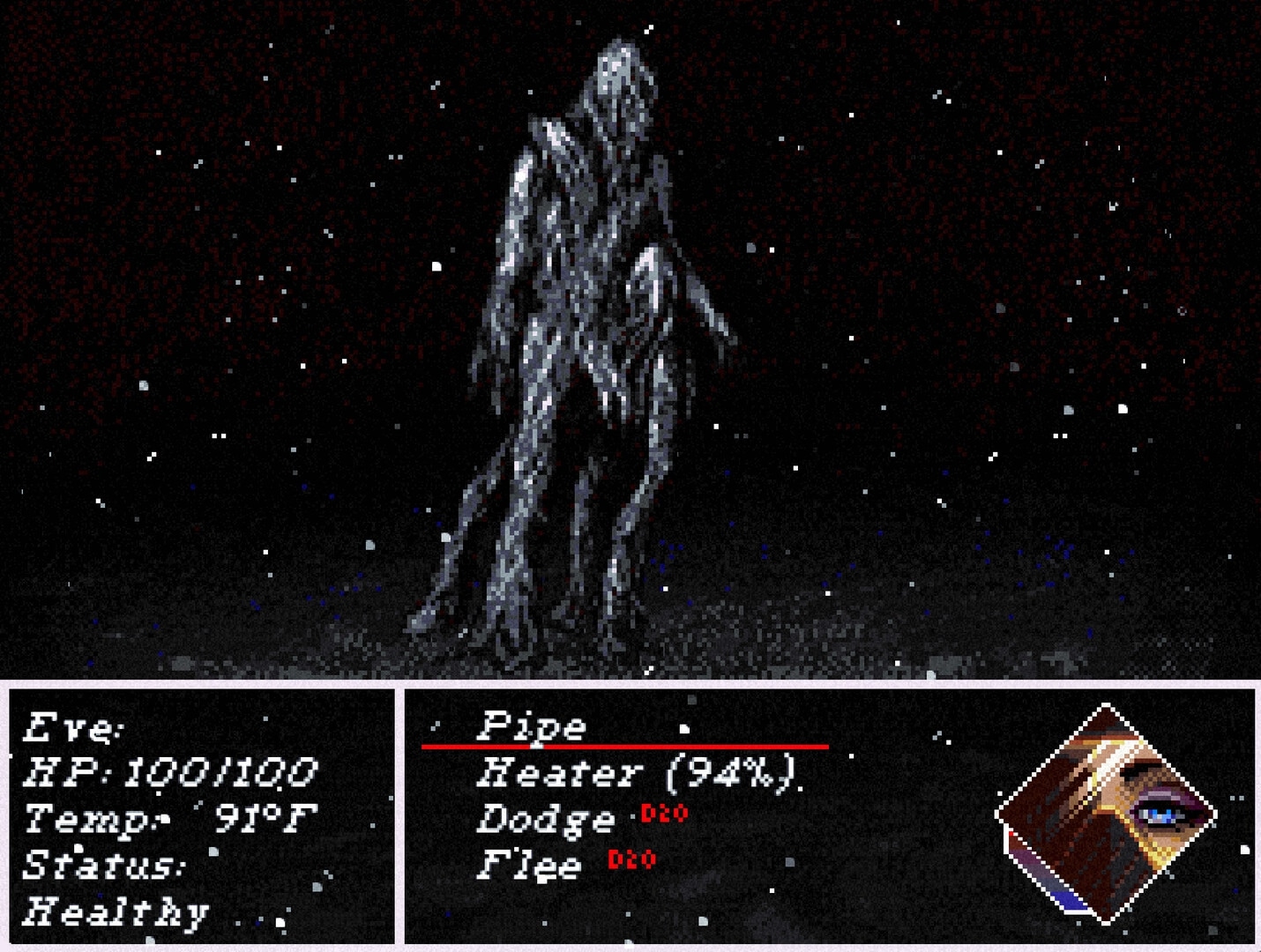 THERMOCLINE: Battle menu vs Pipe heater with dodge and flee options in a snowy, dark wasteland.