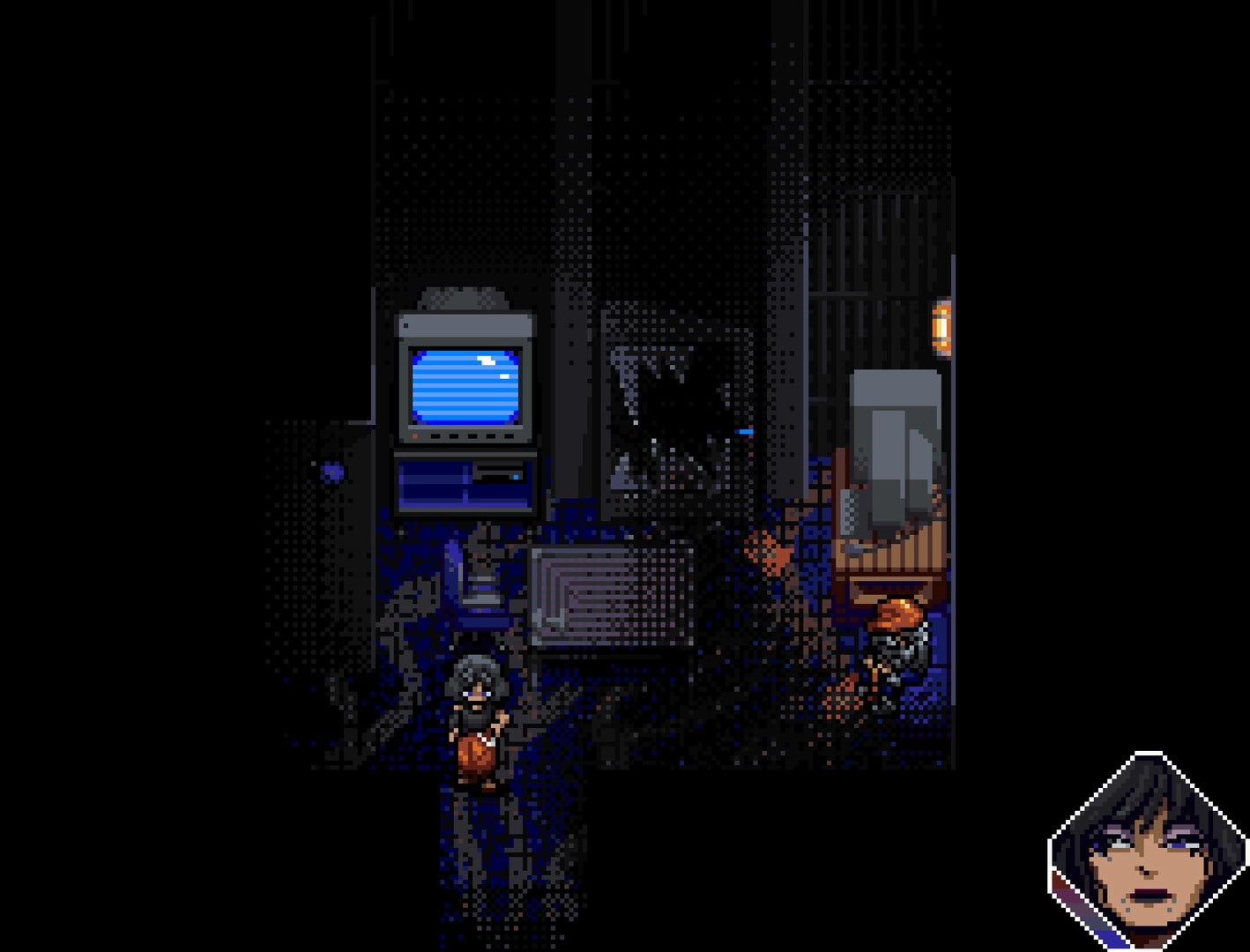 THERMOCLINE: Player explores a dim corridor past a blue monitor and crates in a snowy facility interior.