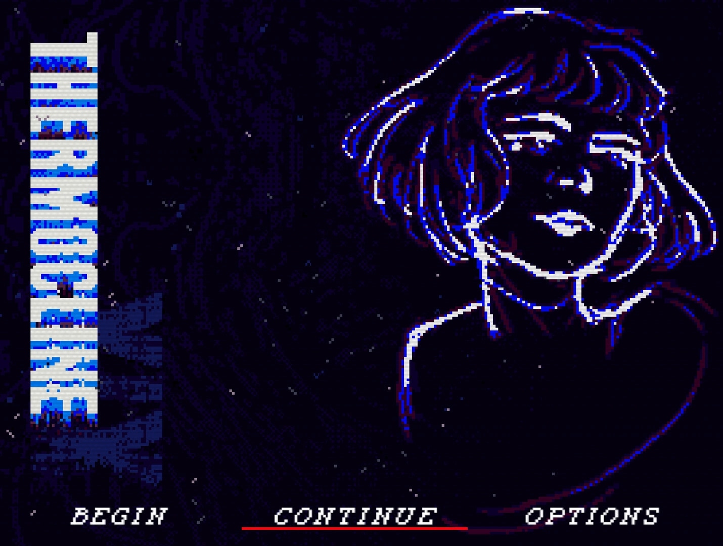 THERMOCLINE: Main menu with Begin, Continue, Options beside a blue-outlined portrait on dark backdrop.