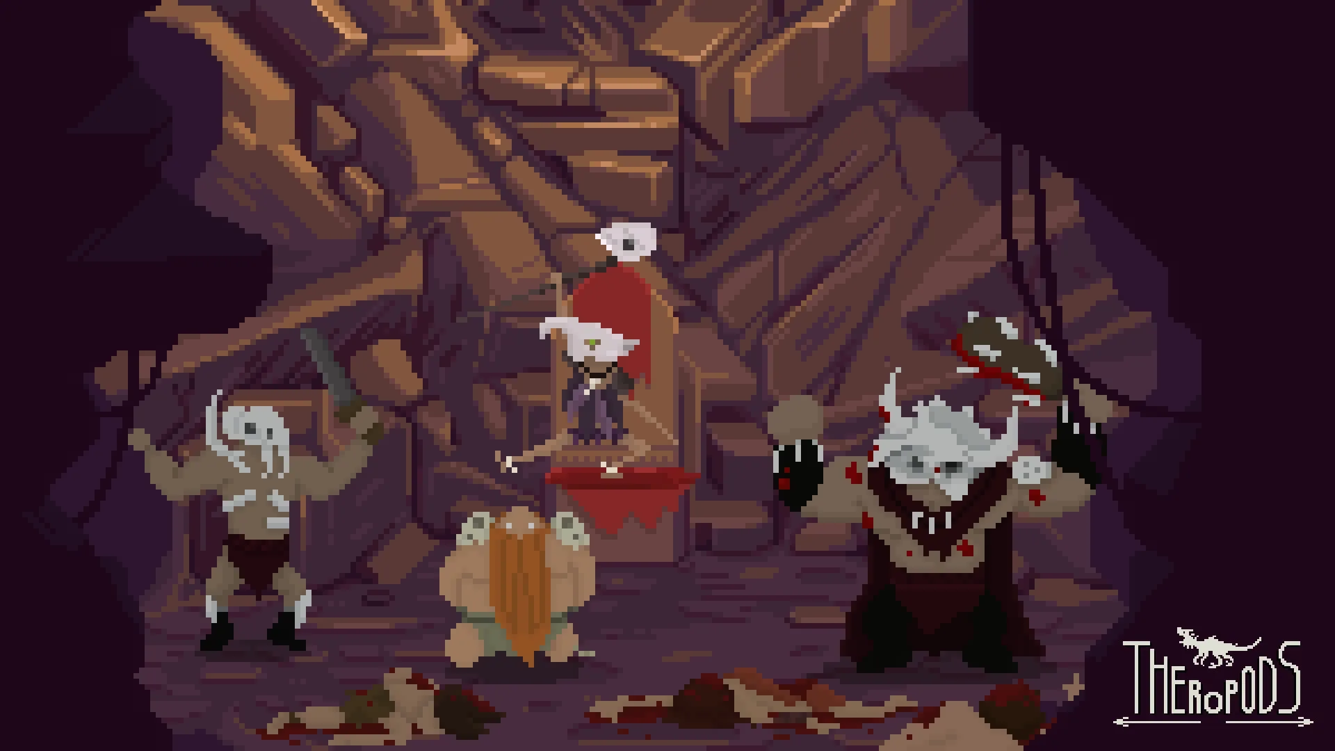 Theropods: Character facing dinosaurs in a rocky cave, surrounded by pixelated enemies and bones.