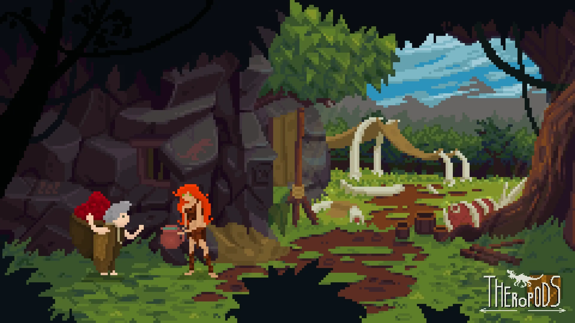 Theropods: Two characters exchange items near a stone structure in a lush, prehistoric forest setting.