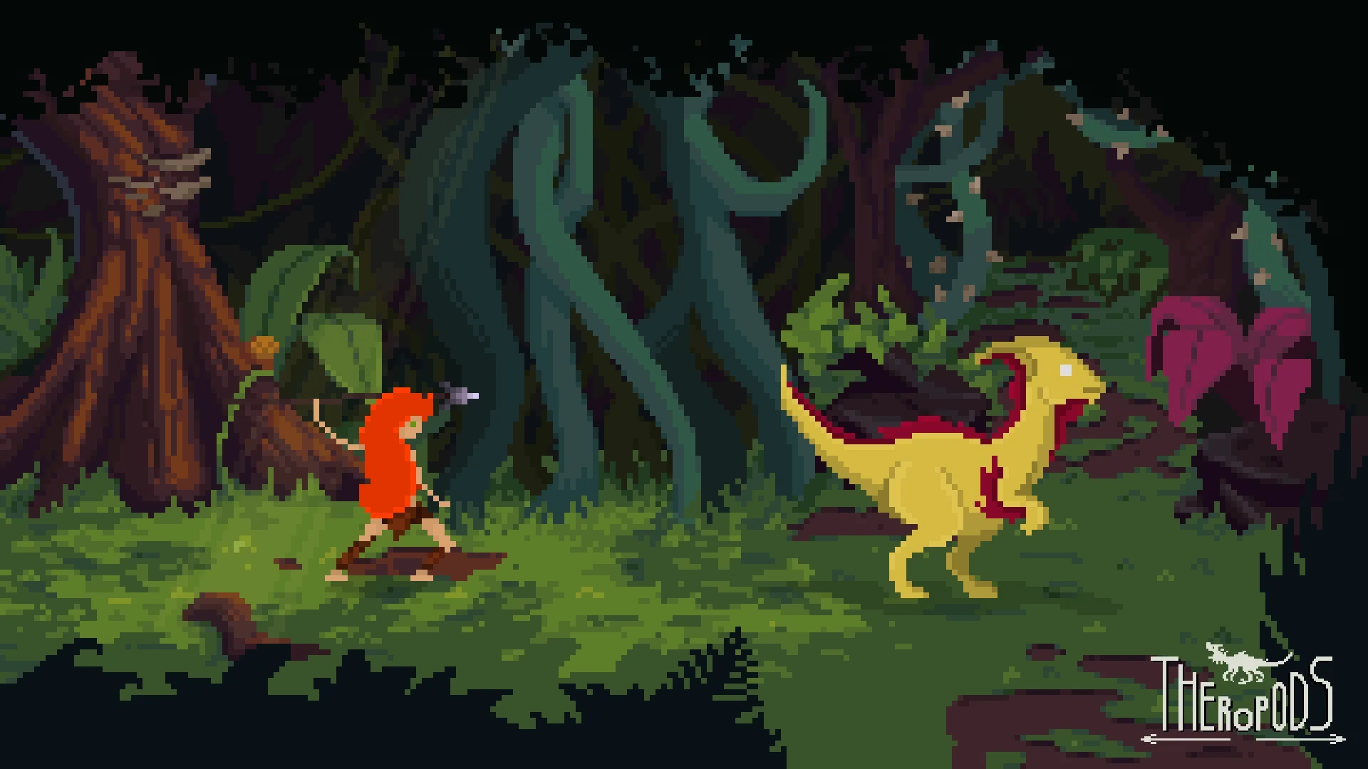 Theropods: Archer aiming at dinosaur in dense jungle with towering trees and lush foliage