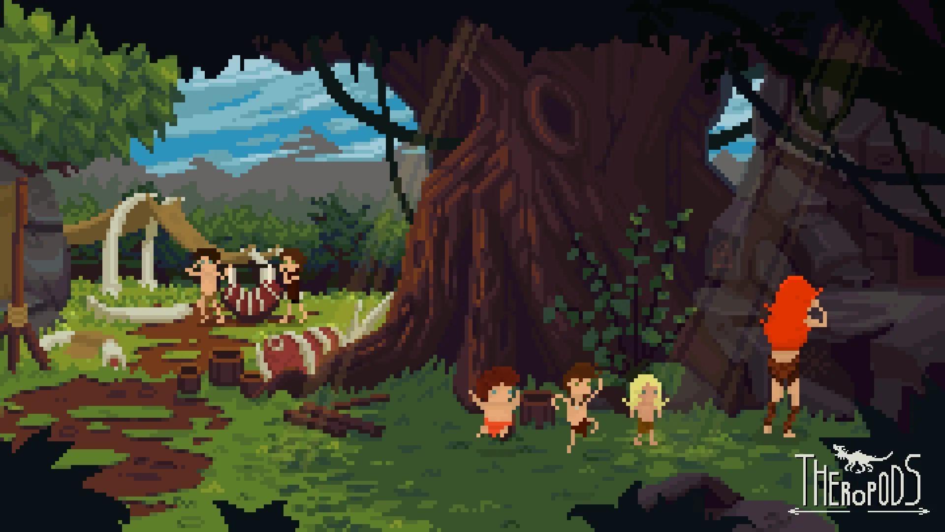 Theropods: Red-haired character observing a lively prehistoric village with children and dinosaur bones