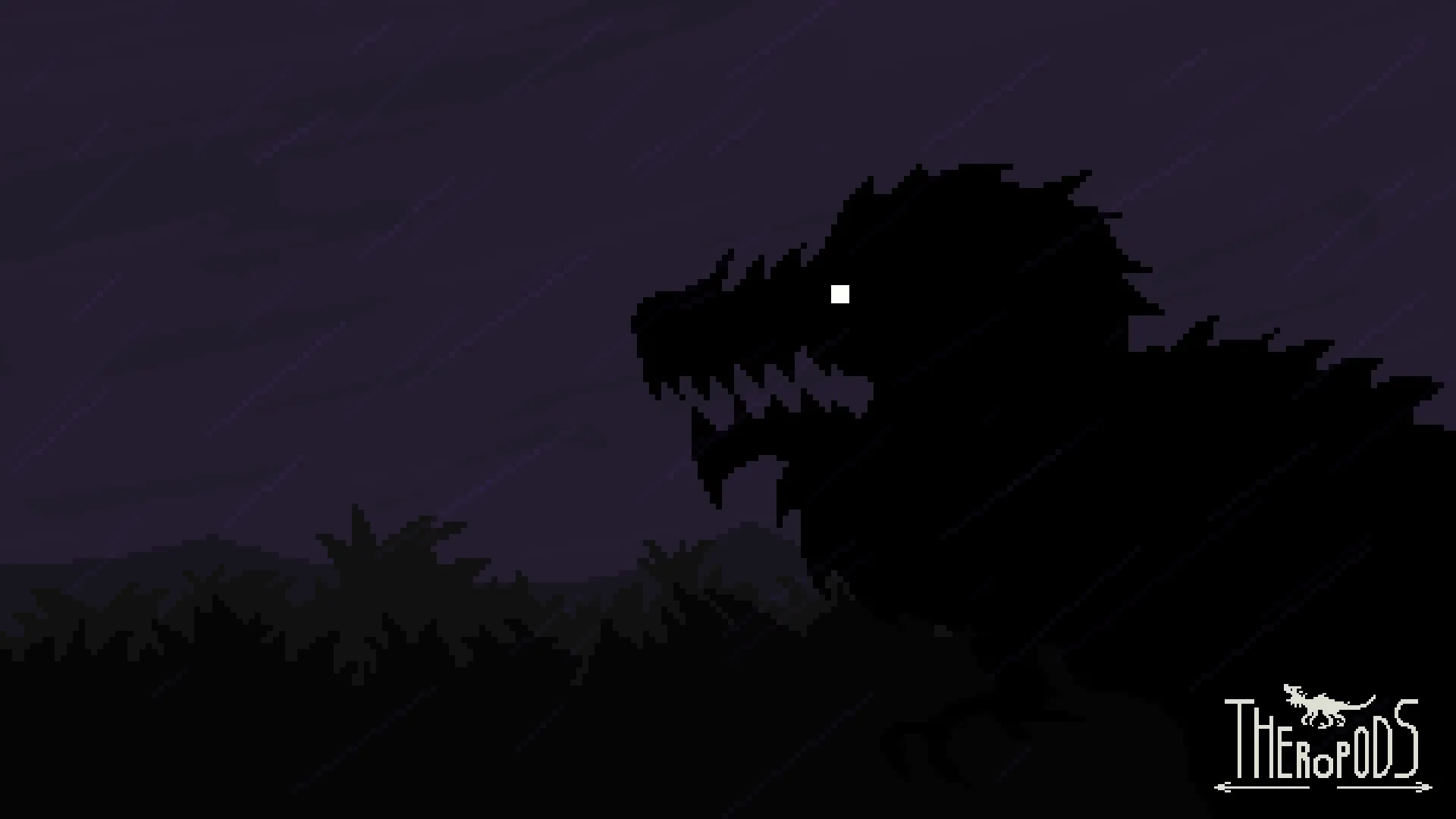 Theropods: Silhouette of a dinosaur with glowing eyes in a dark, rainy jungle environment