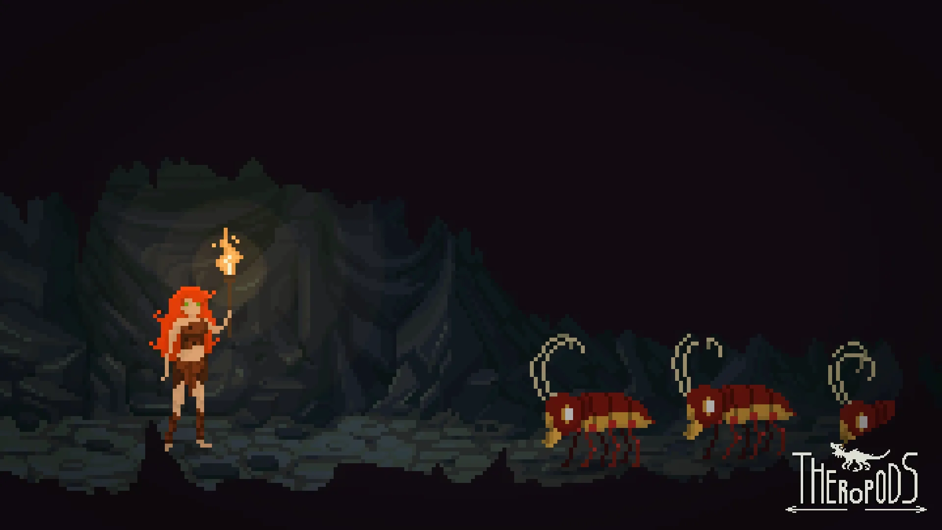 Theropods: Character with torch faces giant bugs in a dark cave environment