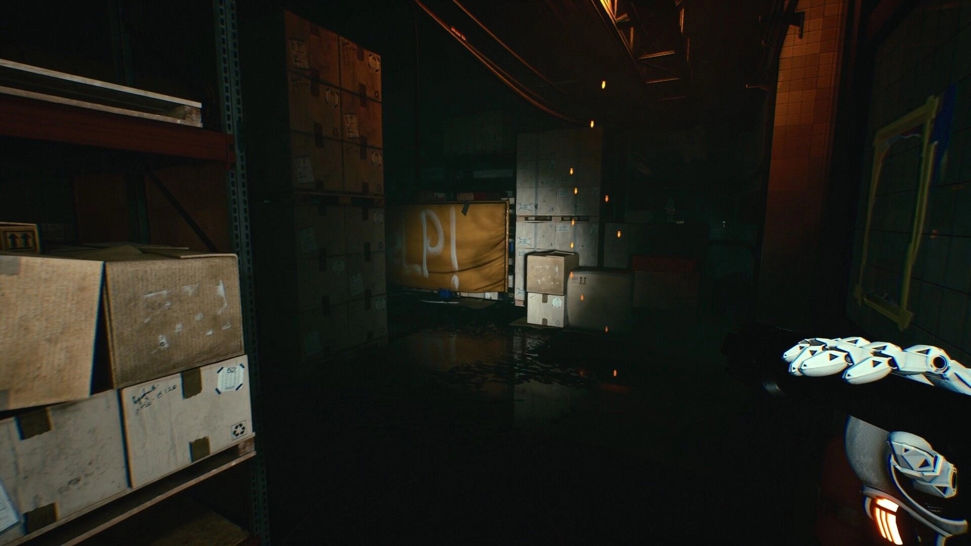 They Left Us Here: First-person view past stacked crates in a dark, flooded storage corridor on station