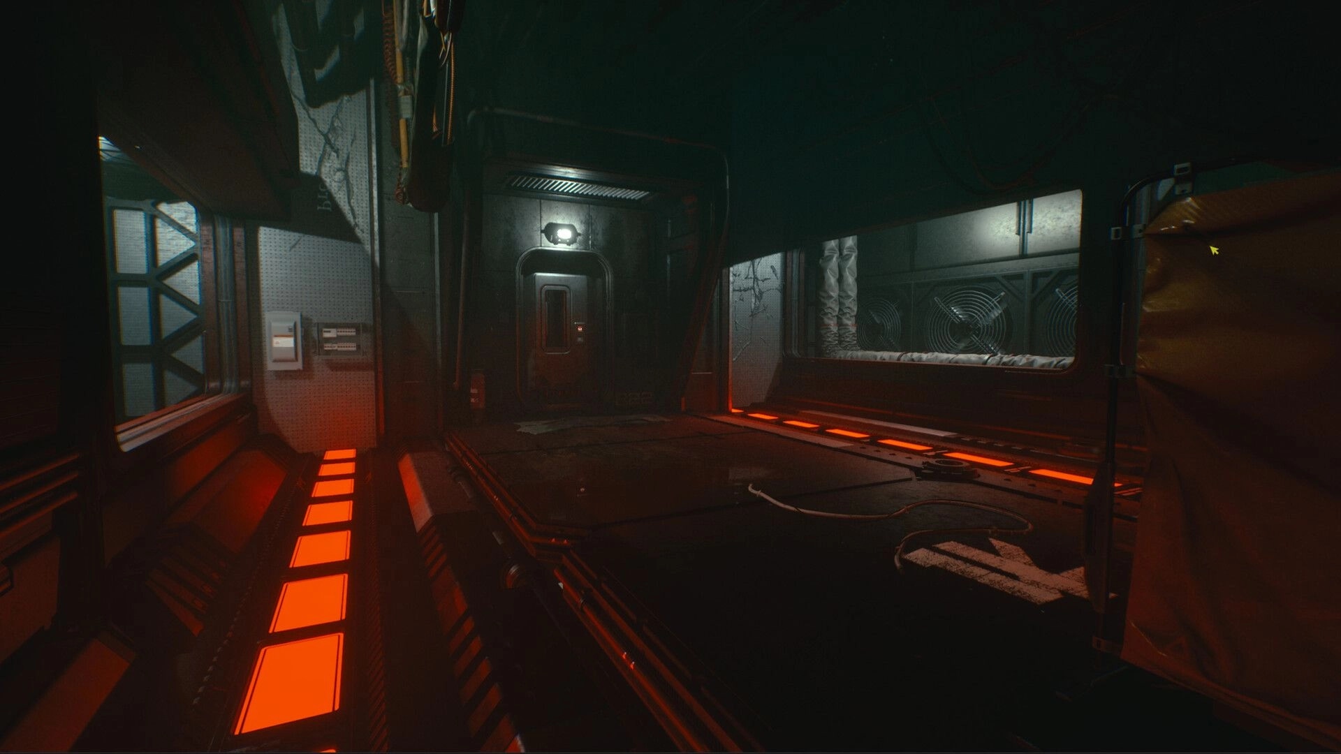 They Left Us Here: First-person view facing a sealed door in a dim space station corridor with red floor lights