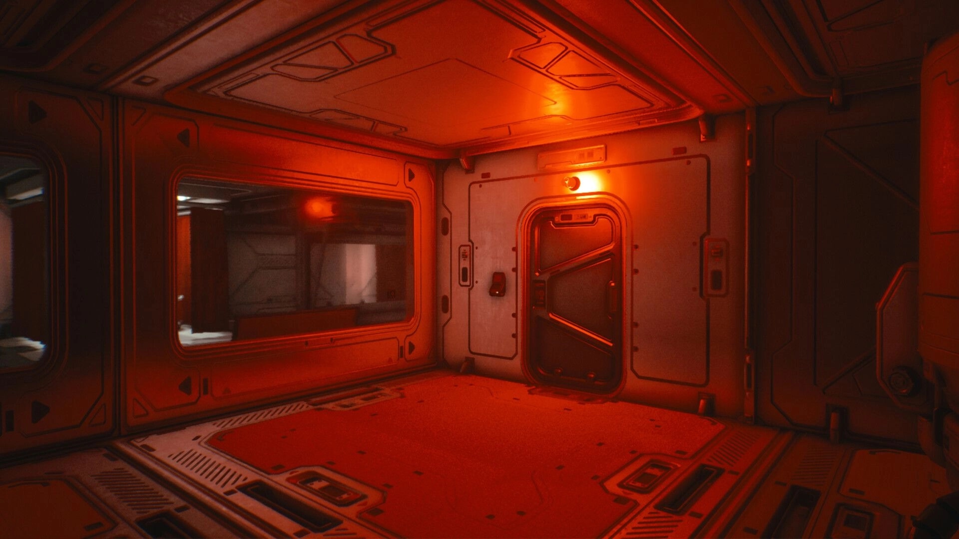 They Left Us Here: Closed airlock door under red alarm light in a cramped space station corridor