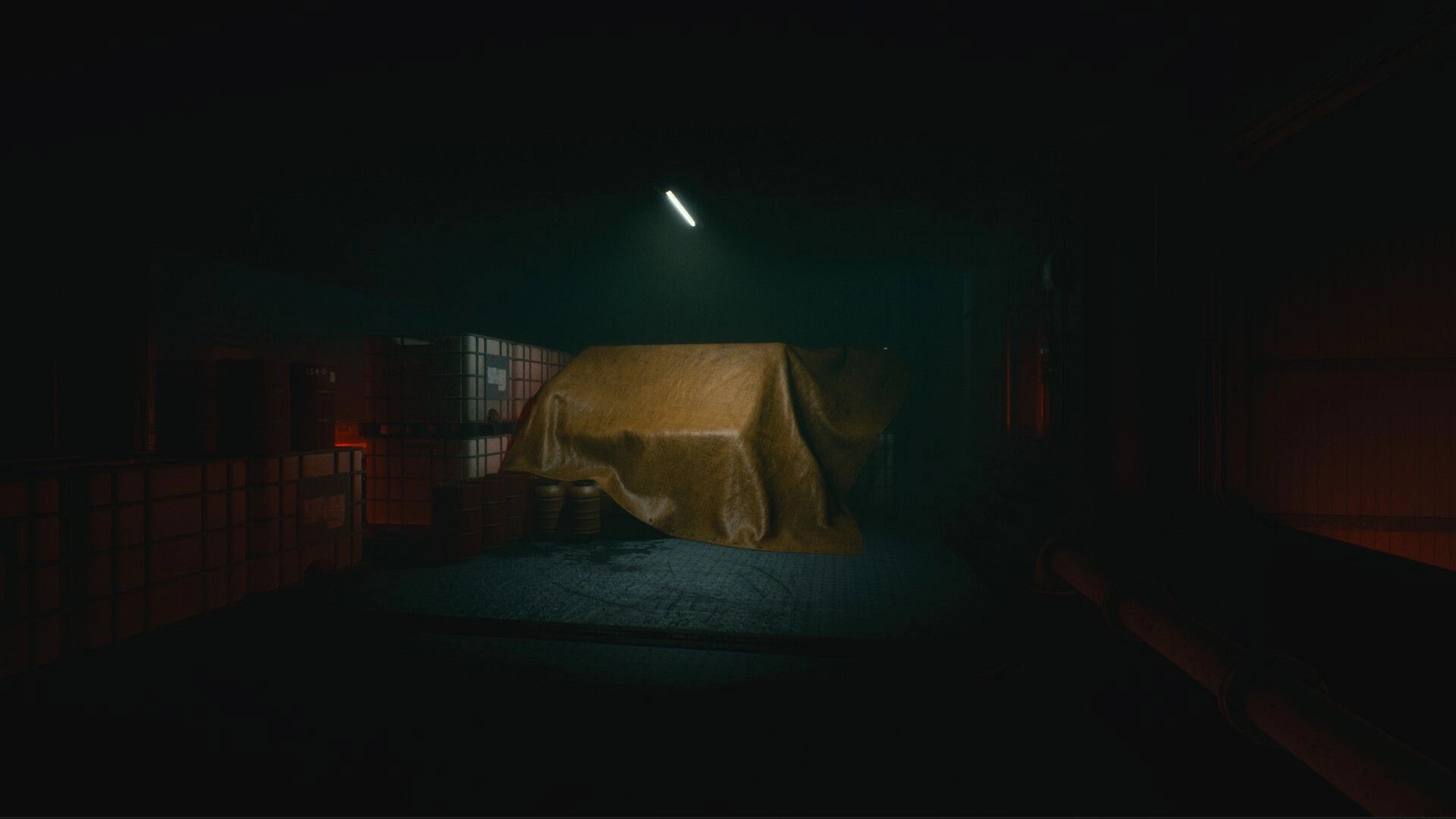 They Left Us Here: First-person view of tarp-covered crates in a dark, foggy storage bay corridor