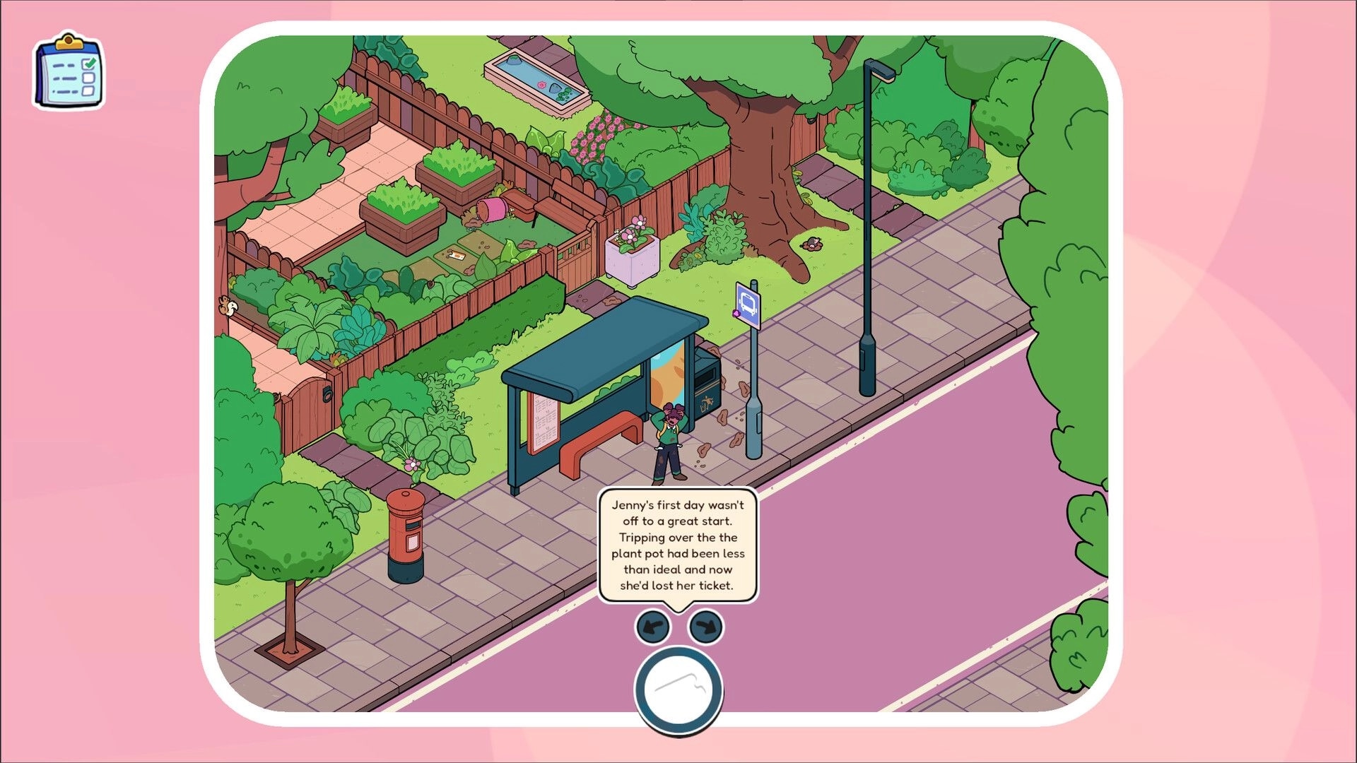 Thingamajigs: Jenny at a bus stop with dialogue box and arrows on a leafy sidewalk street.