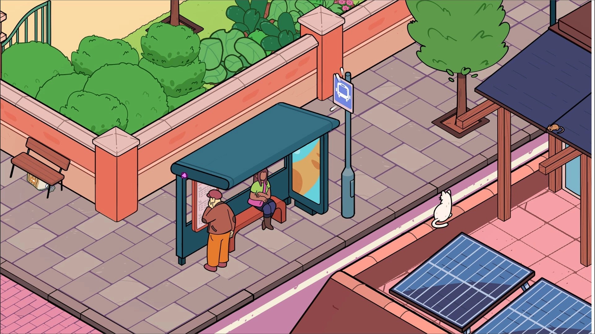 Thingamajigs: Two characters waiting at a bus stop by a tiled sidewalk, trees, and a white cat.