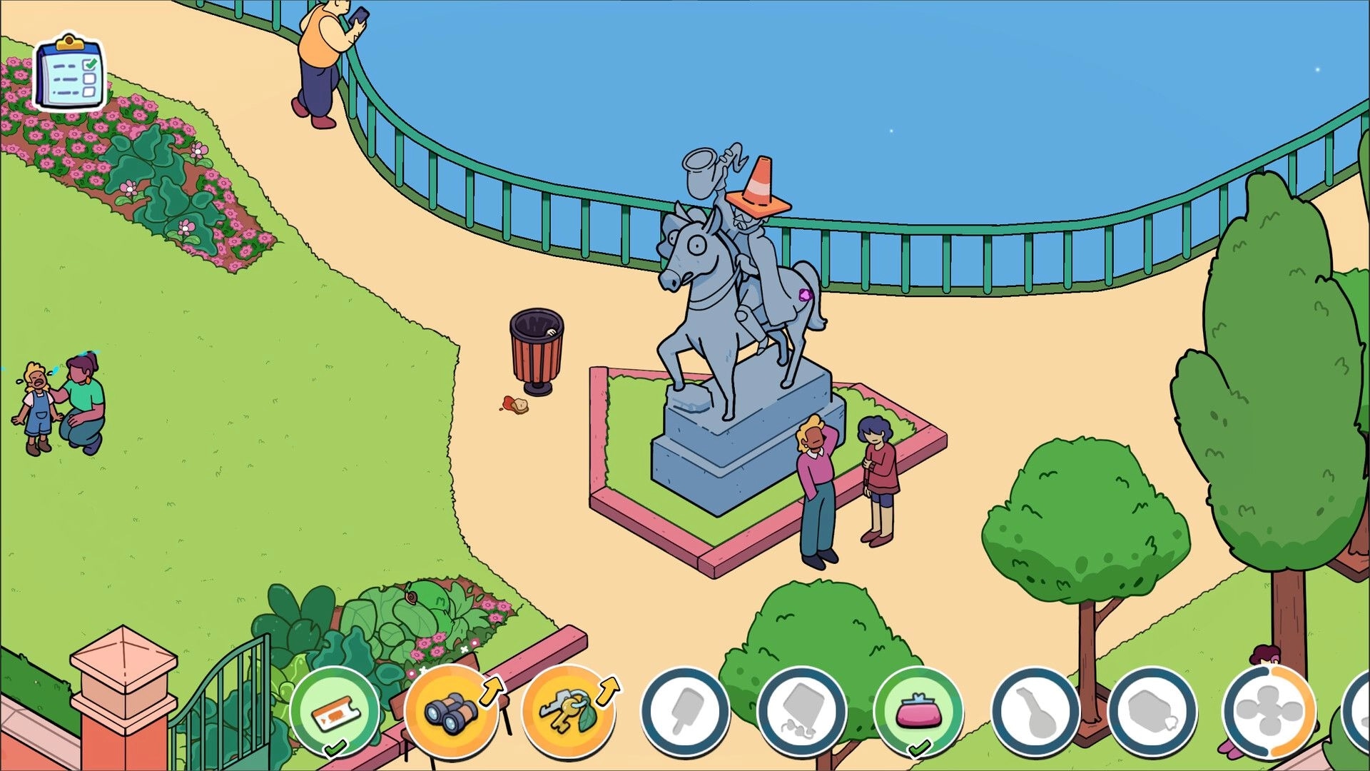 Thingamajigs: Hidden-object park scene with statue, pond path, and item icons along bottom UI.