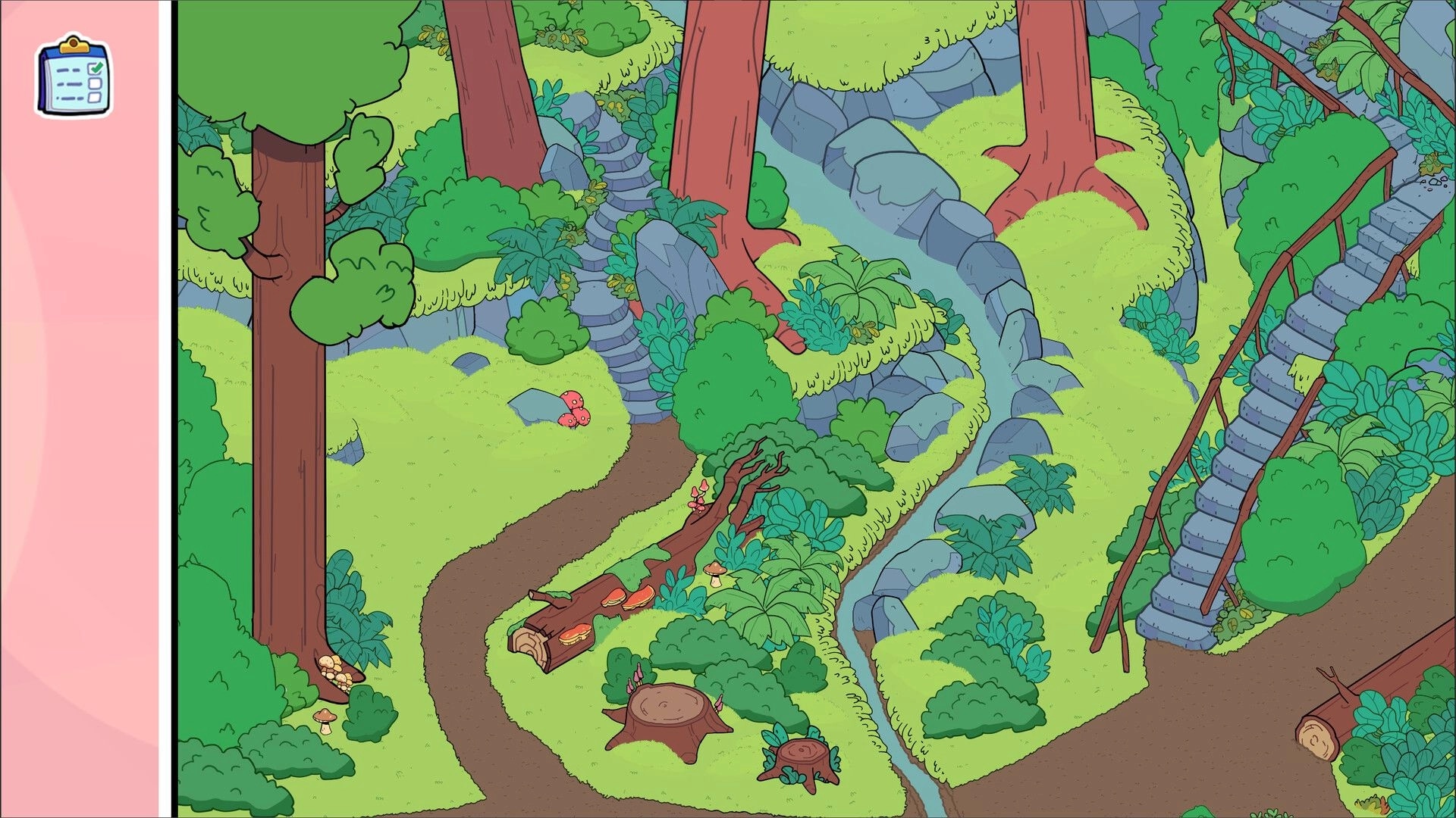 Thingamajigs: Hidden-object forest path with creek, stairs, logs and mushrooms, checklist icon UI.