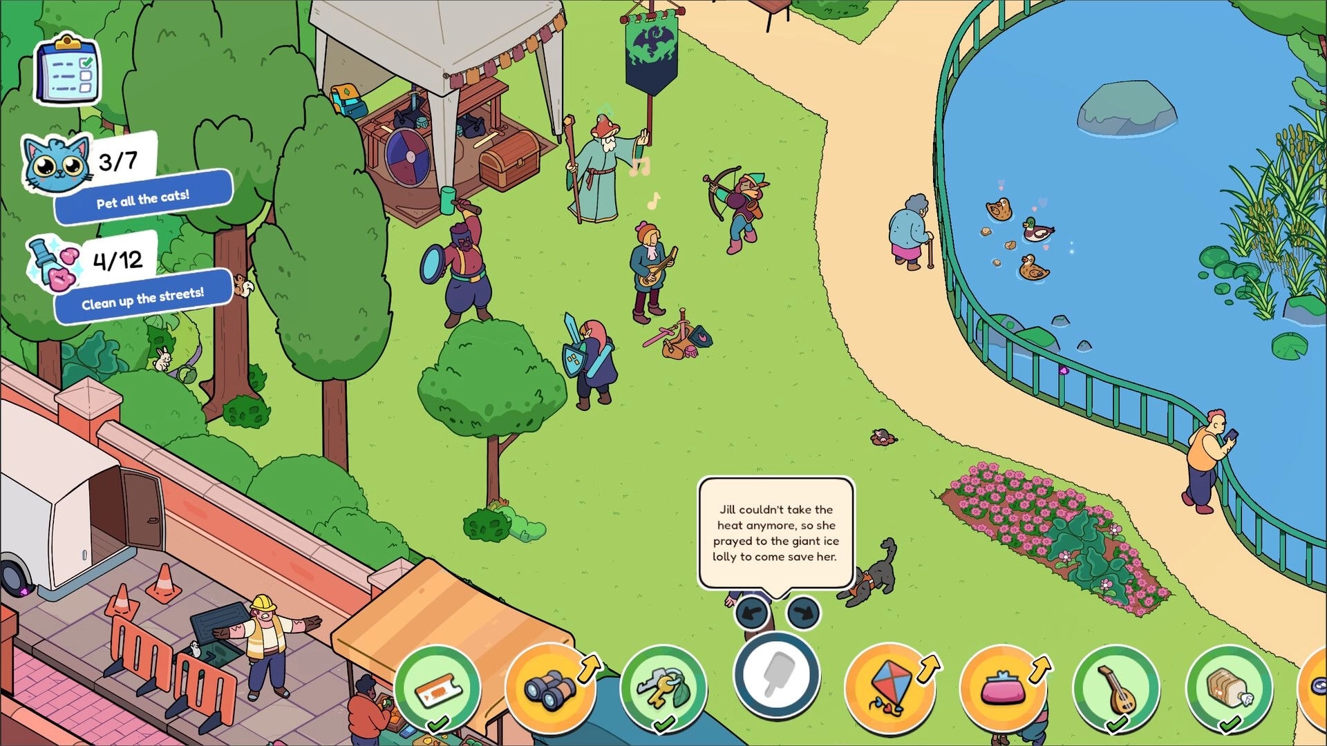 Thingamajigs: Task checklist and item bar over park fair by pond, with bards and ducks nearby.