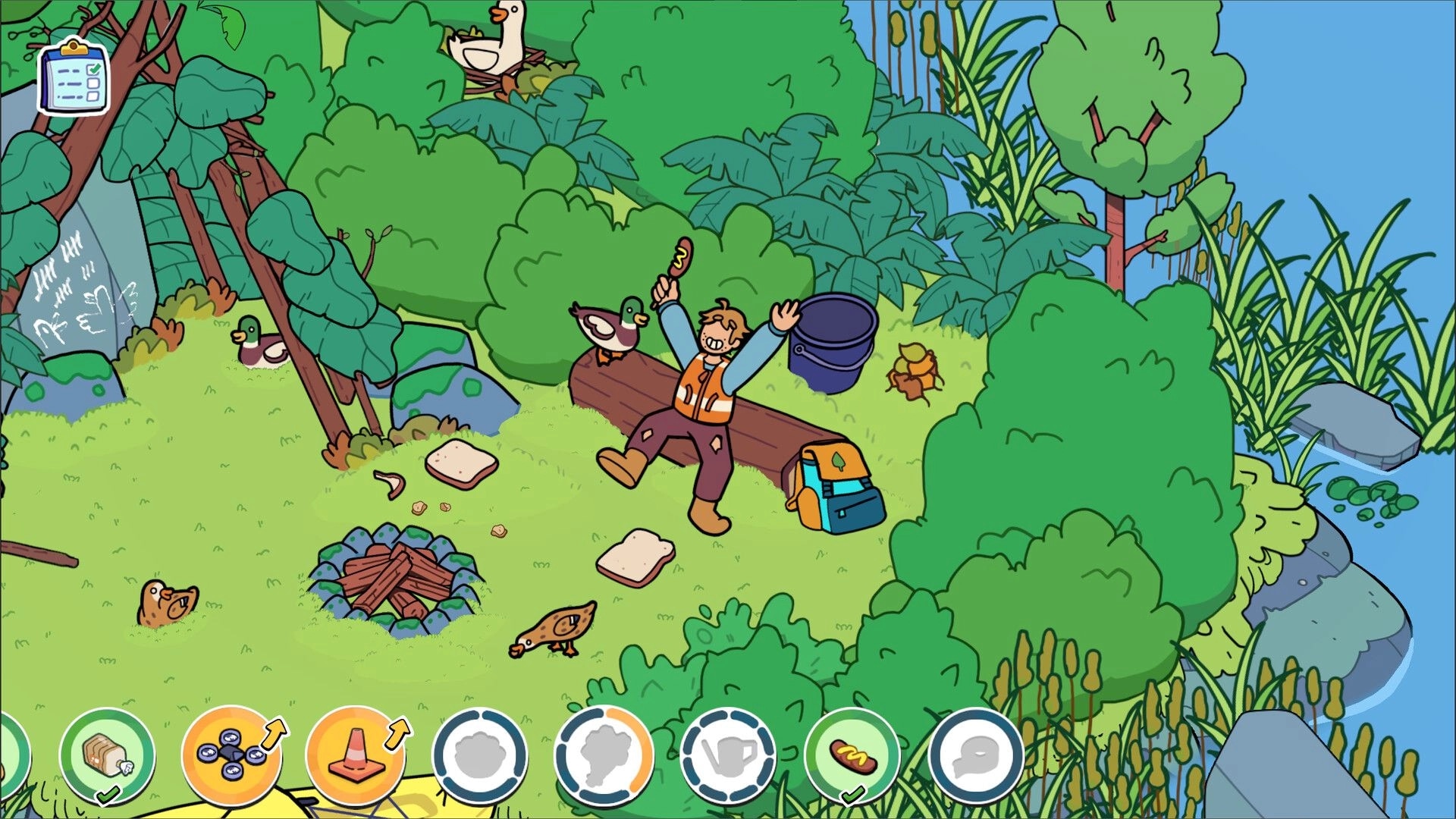 Thingamajigs: Camper waves hot dog by log bench in lakeside clearing with bottom item icons.