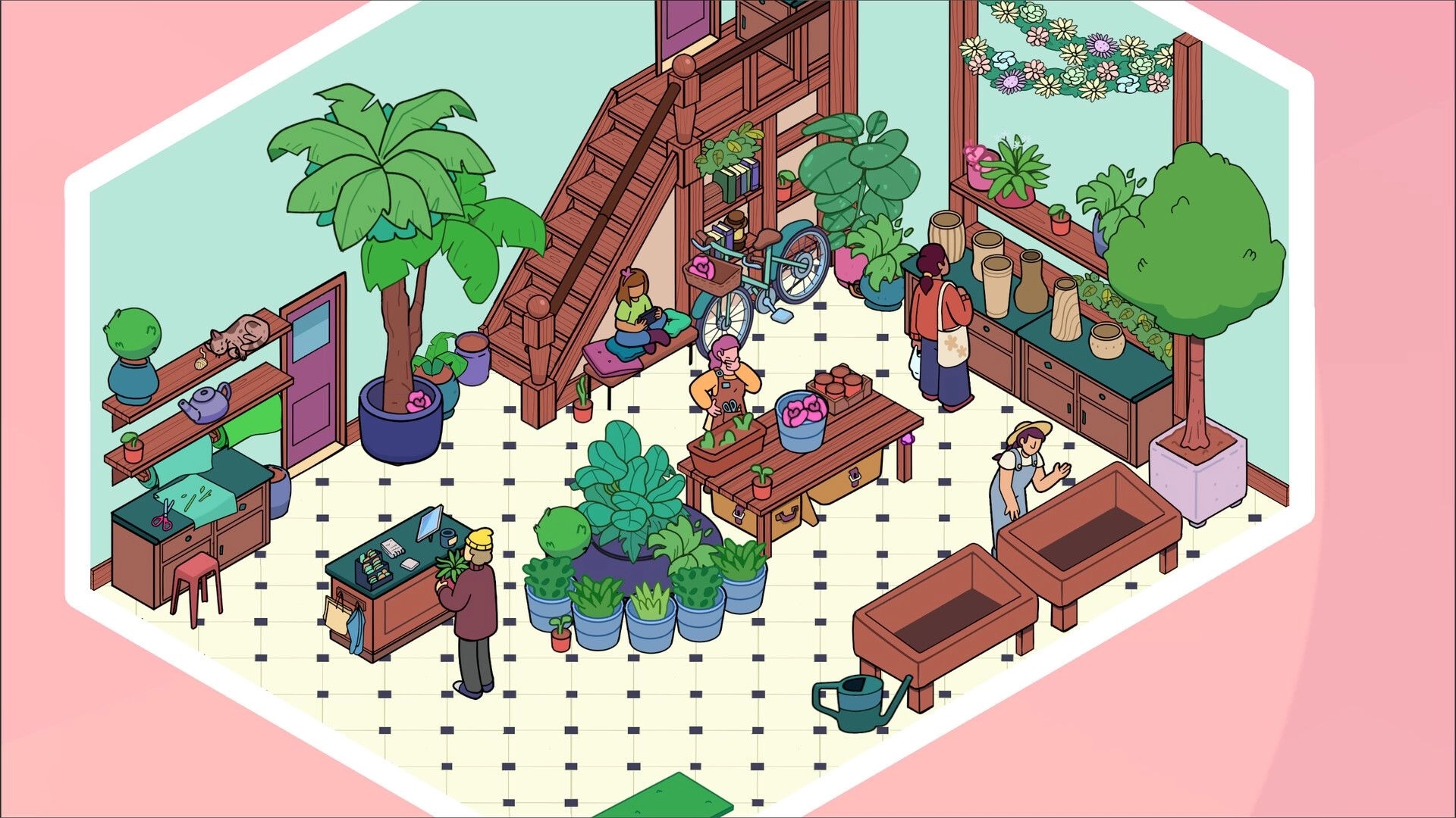 Thingamajigs: Hidden object scene in a plant shop, with customers, pots, tables, and stairs.