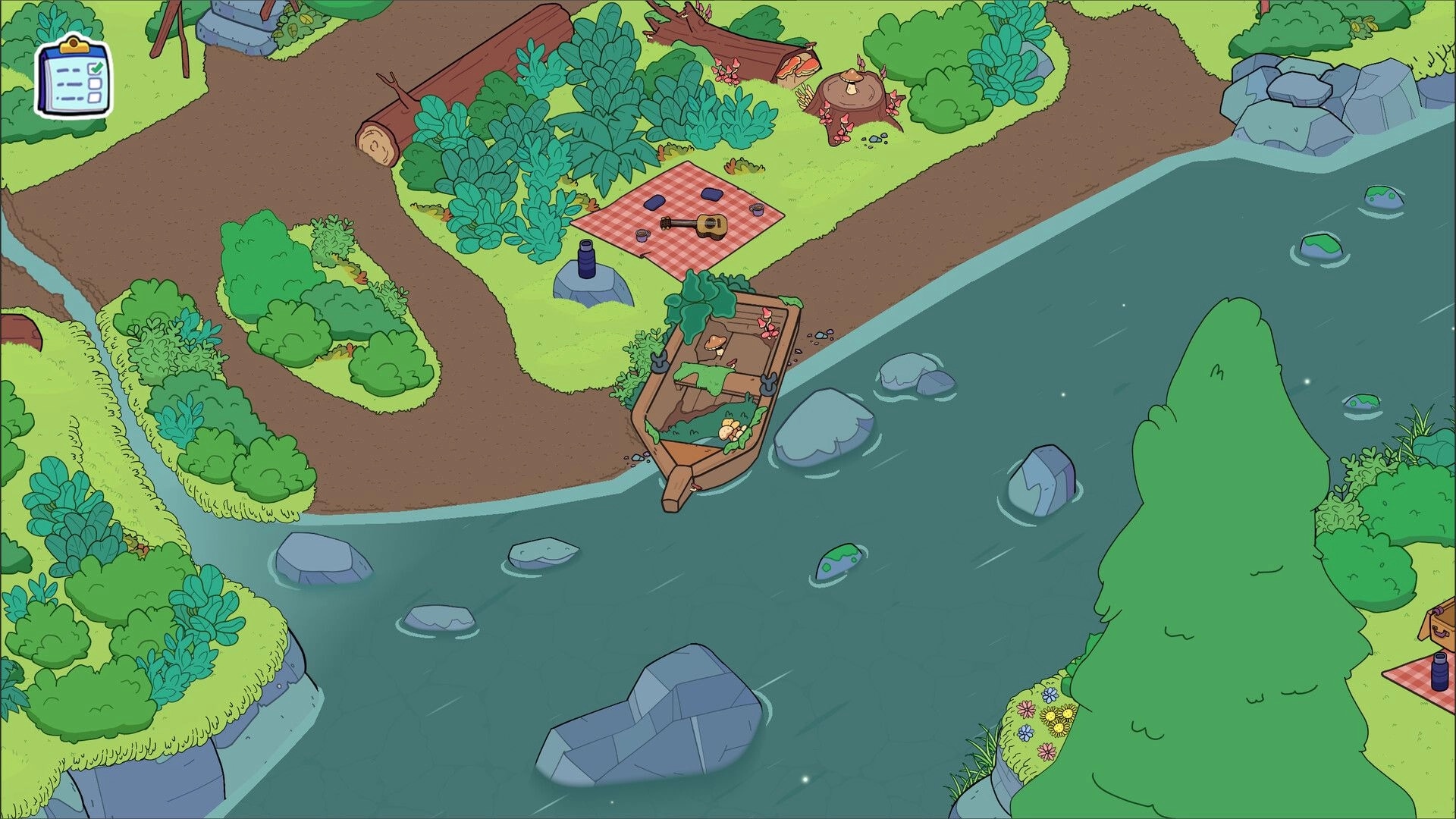 Thingamajigs: Hidden object riverbank scene with picnic blanket, guitar, and docked boat by rocks.