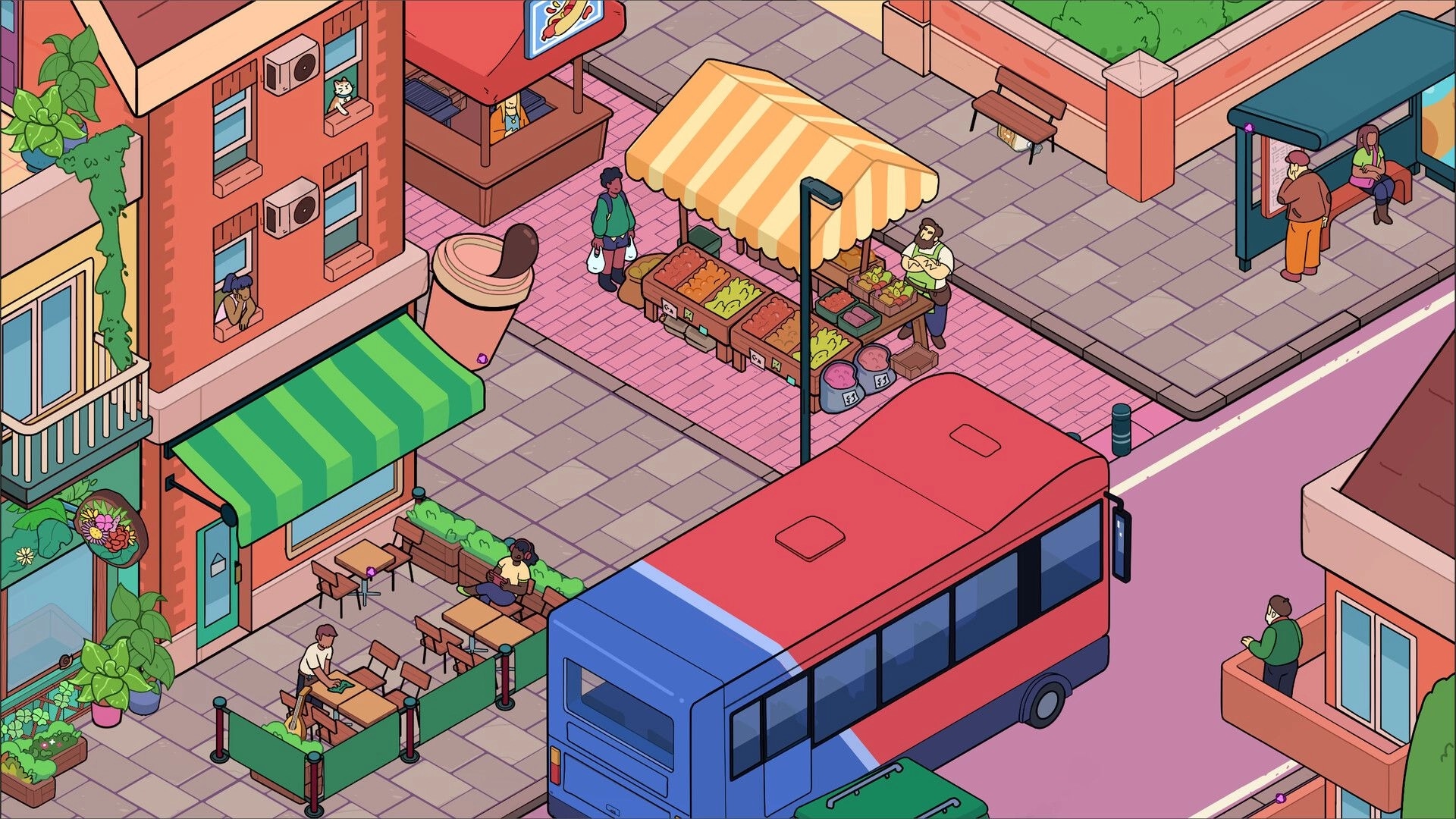 Thingamajigs: Hidden object street scene with produce stall, bus stop, cafe tables, and parked bus.
