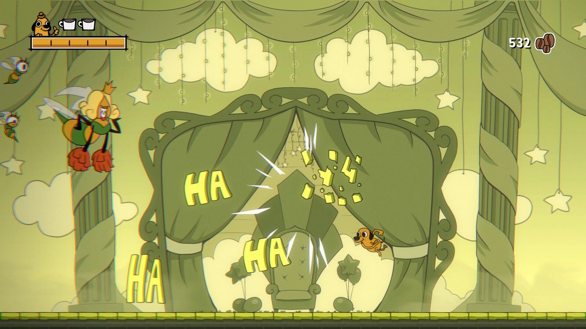 This Is Fine: Question Hound dodges debris on stage with enemy bees and laughter text in the background.