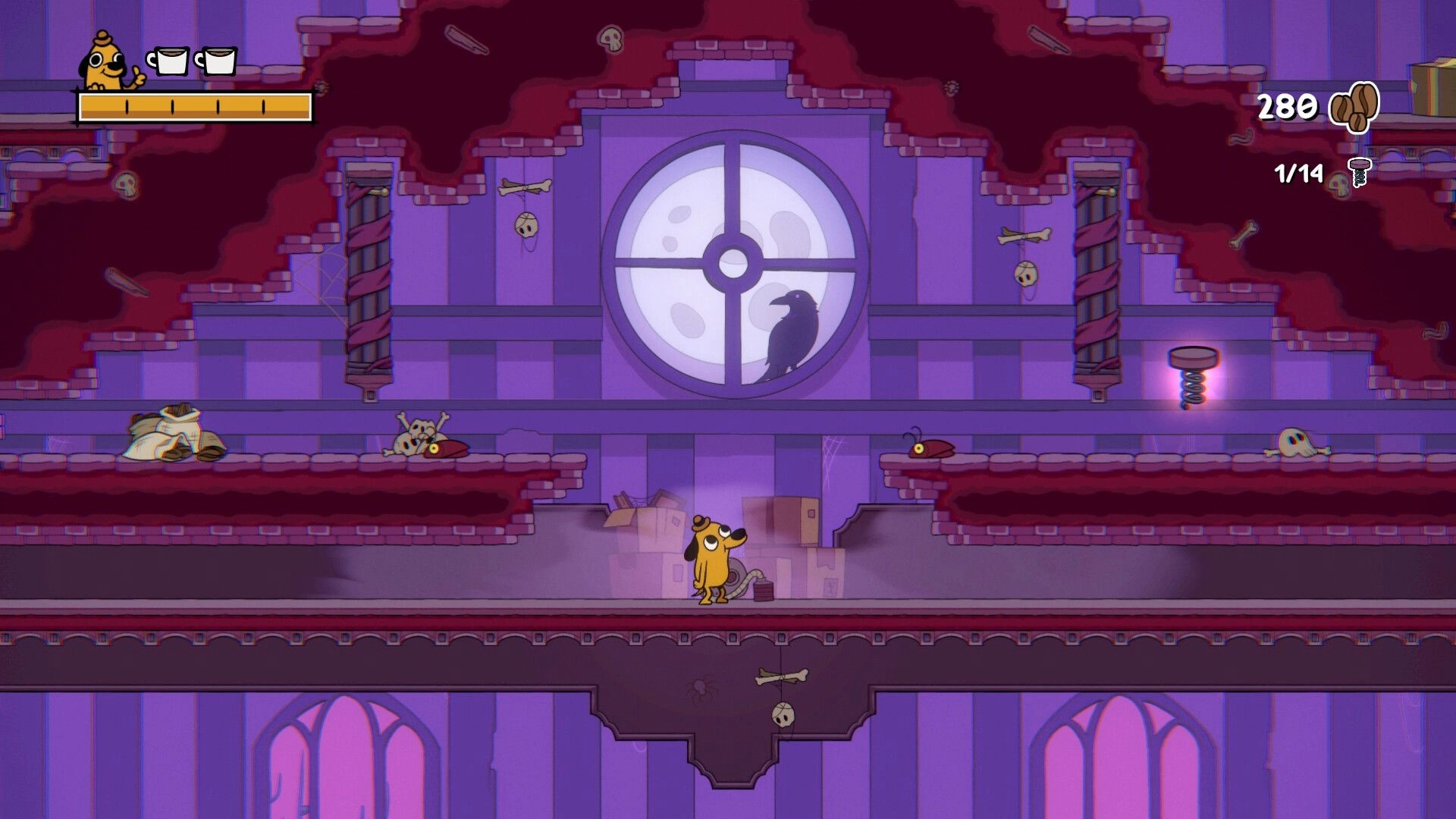 This Is Fine: Question Hound explores a haunted room with moonlit window and ghostly enemies