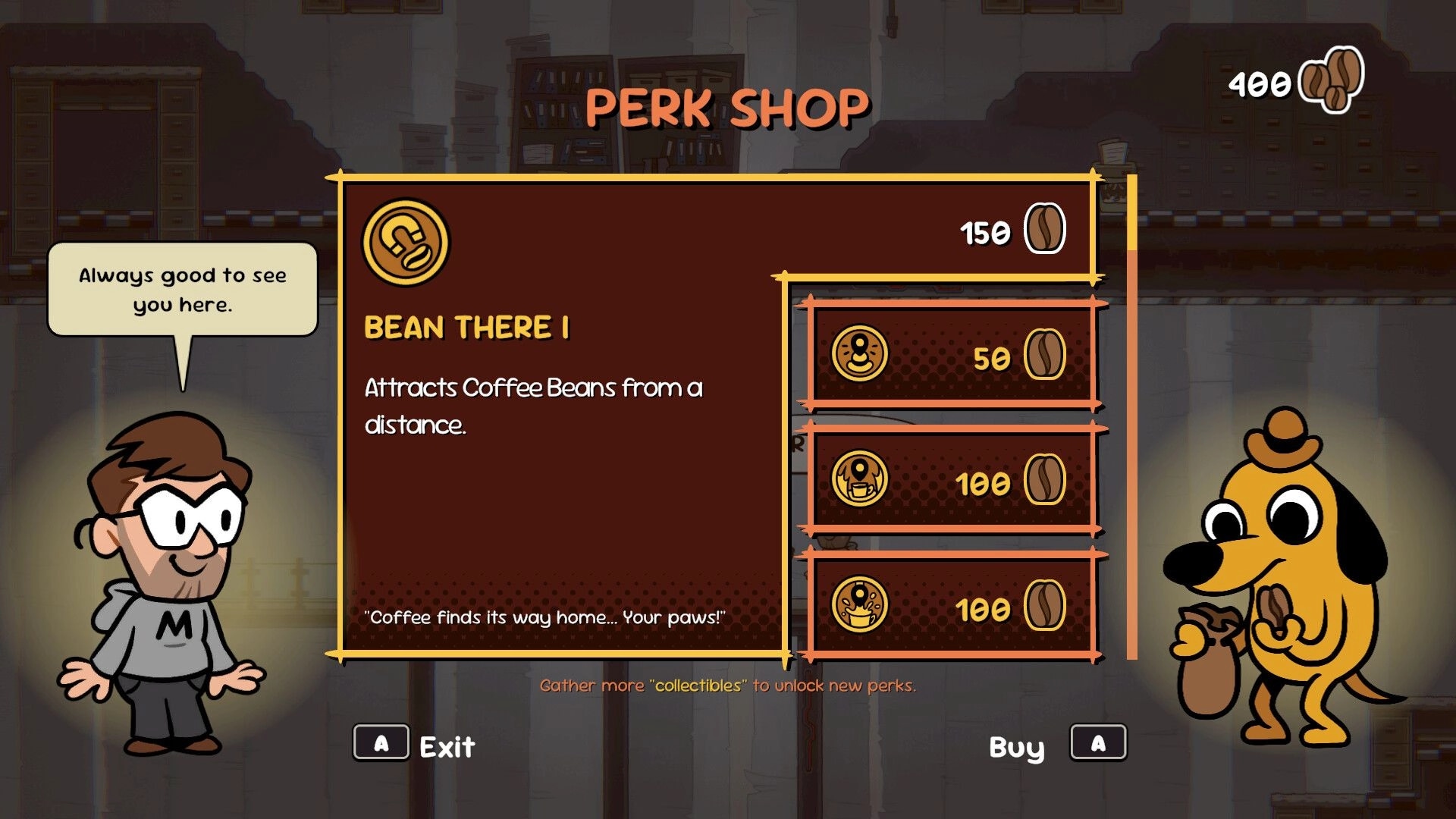 This Is Fine: Question Hound stands in a perk shop, surrounded by lockers and a shopkeeper in a school hallway.