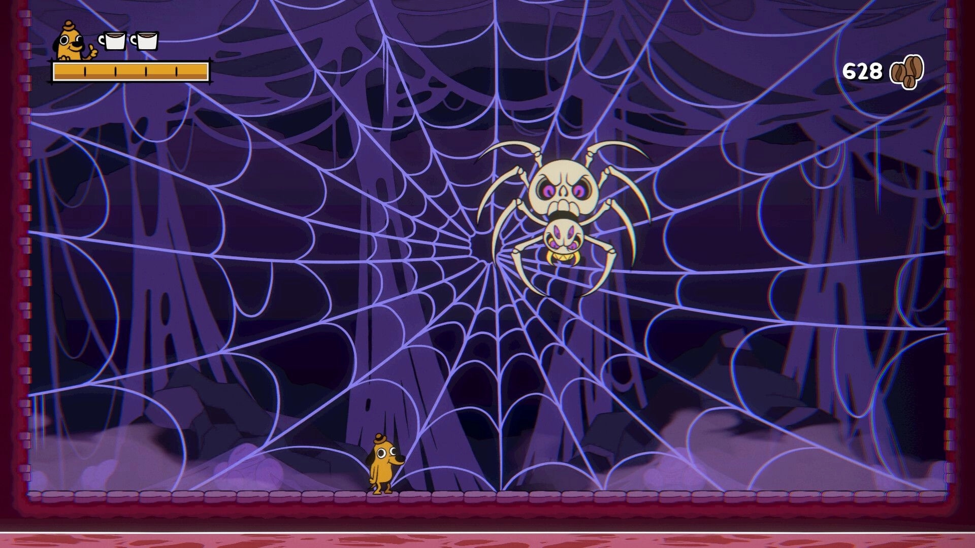 This Is Fine: Question Hound faces a giant spider boss in a dark web-filled cavern environment.